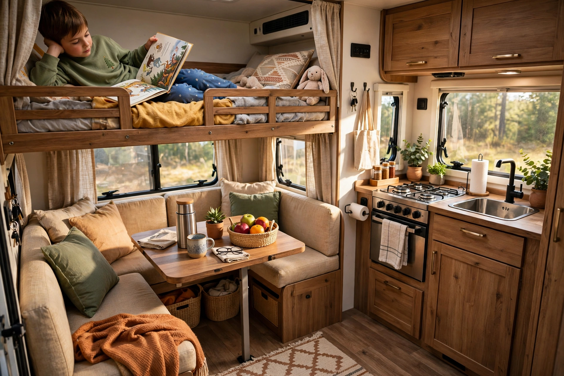 RV Camping with Kids: A First-Timer's Guide to Family RV Trips 10 Cozy interior of a family RV camper with a child reading on a bunk bed