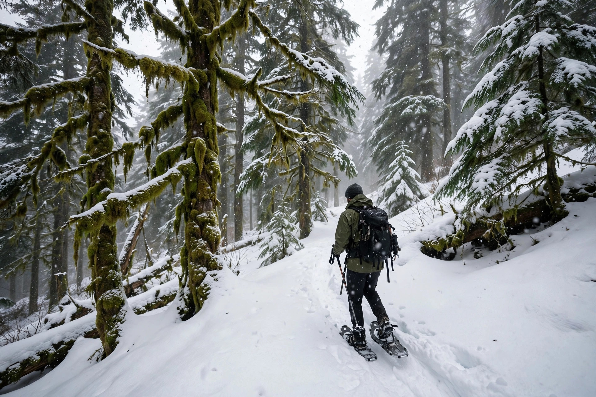 Winter Hiking Trails Near Seattle 11 Snowshoer hiking a snowy forest trail in the Cascade mountains of Washington