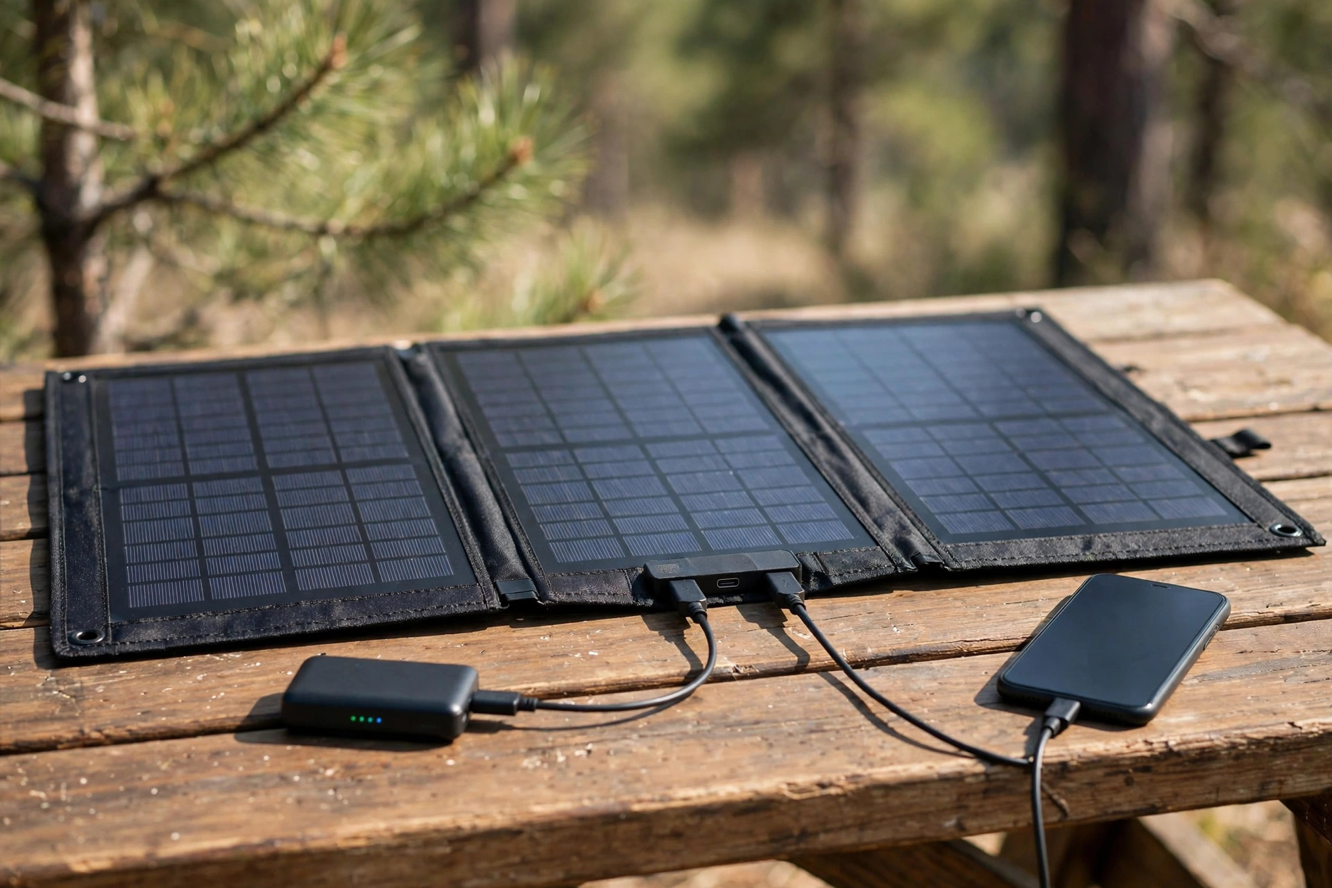 Portable folding solar panel charging a phone and power bank on a camping picnic table