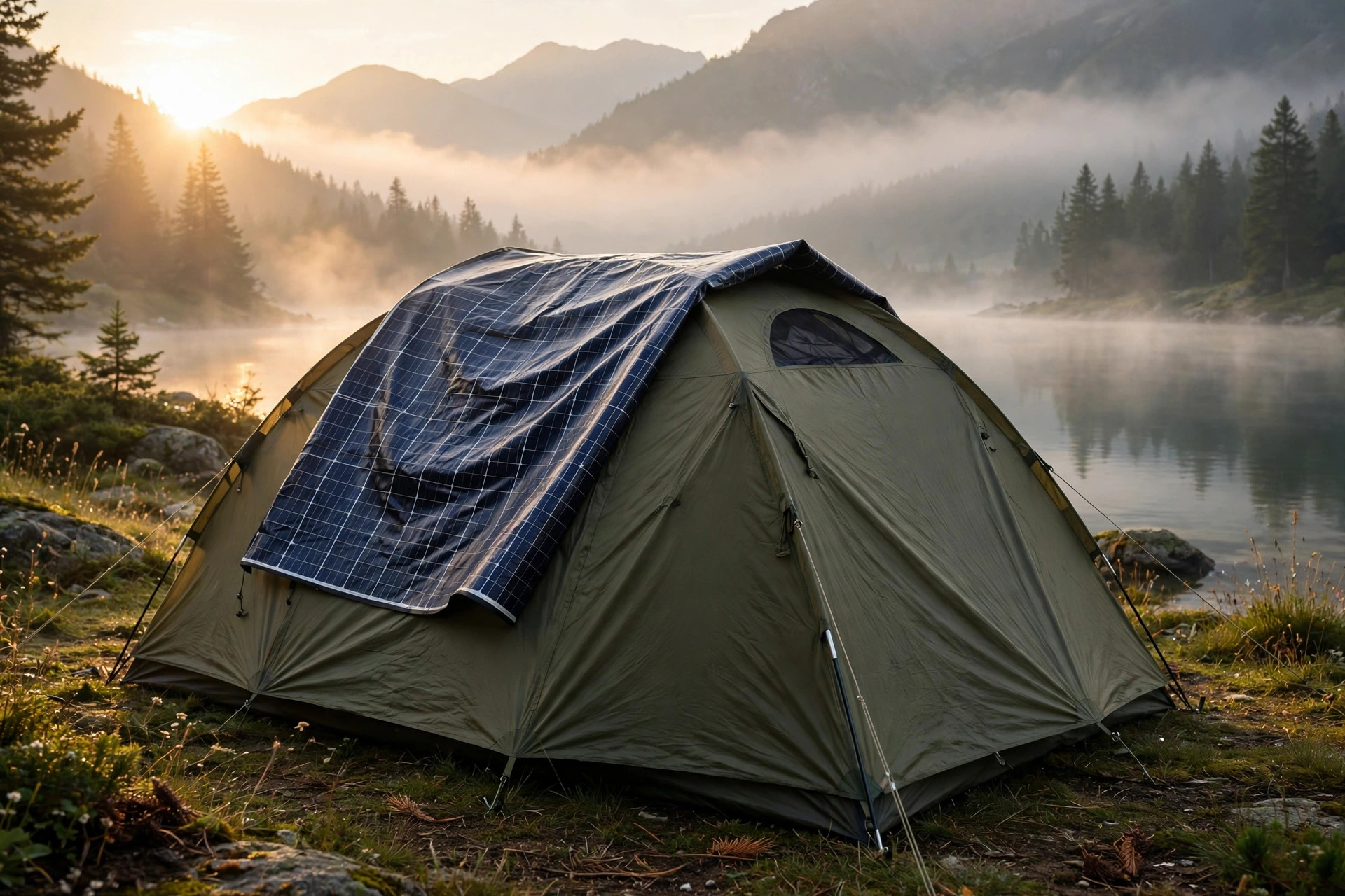 Flexible solar panel on a family tent roof angled toward the morning sun by a mountain lake