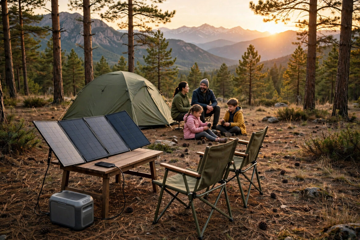 Family campsite at golden hour with a portable solar panel charging phones and a power station