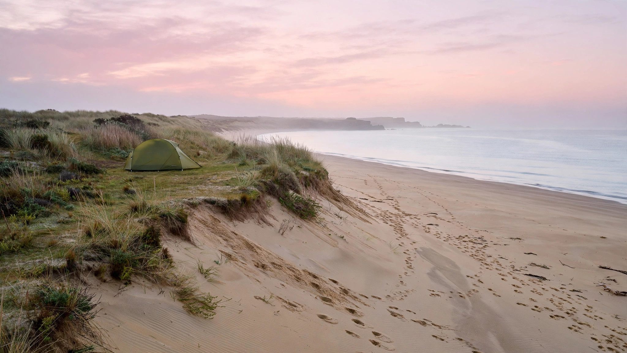 Small tent on grassy dunes above an empty sandy beach at dawn on Padre Island National Seashore