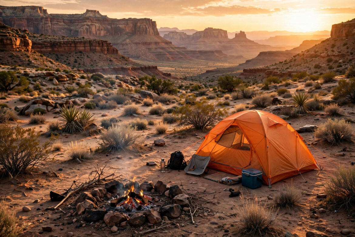 Orange tent and campfire at a desert canyon campsite at sunset in Big Bend-style desert landscape