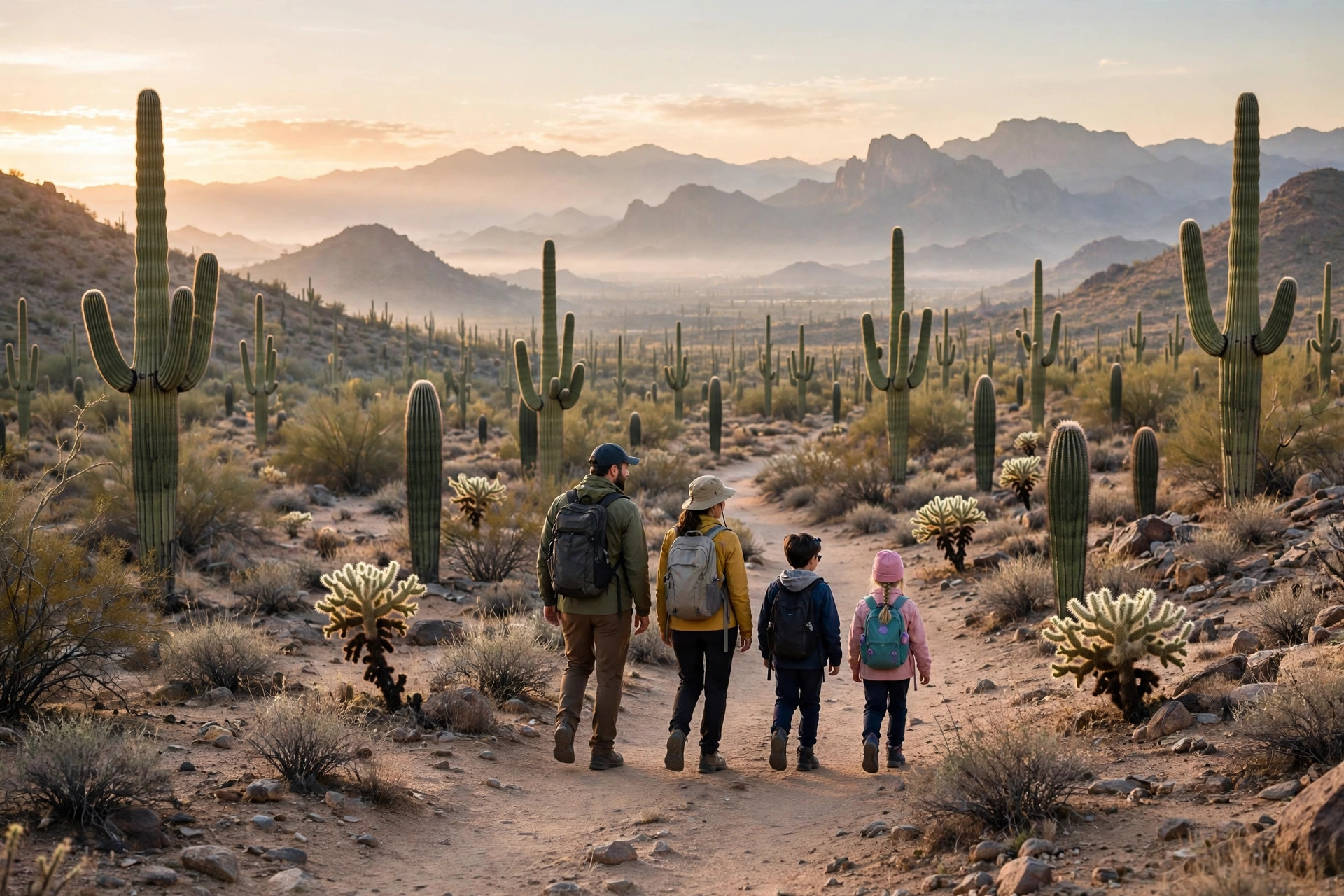 Family of four hiking a desert trail through giant saguaro cacti at sunrise in Saguaro National Park