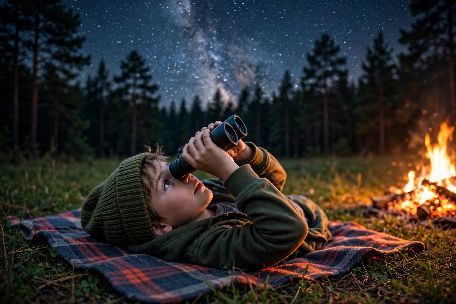 Child lying on a camping blanket at night looking at bright stars through binoculars