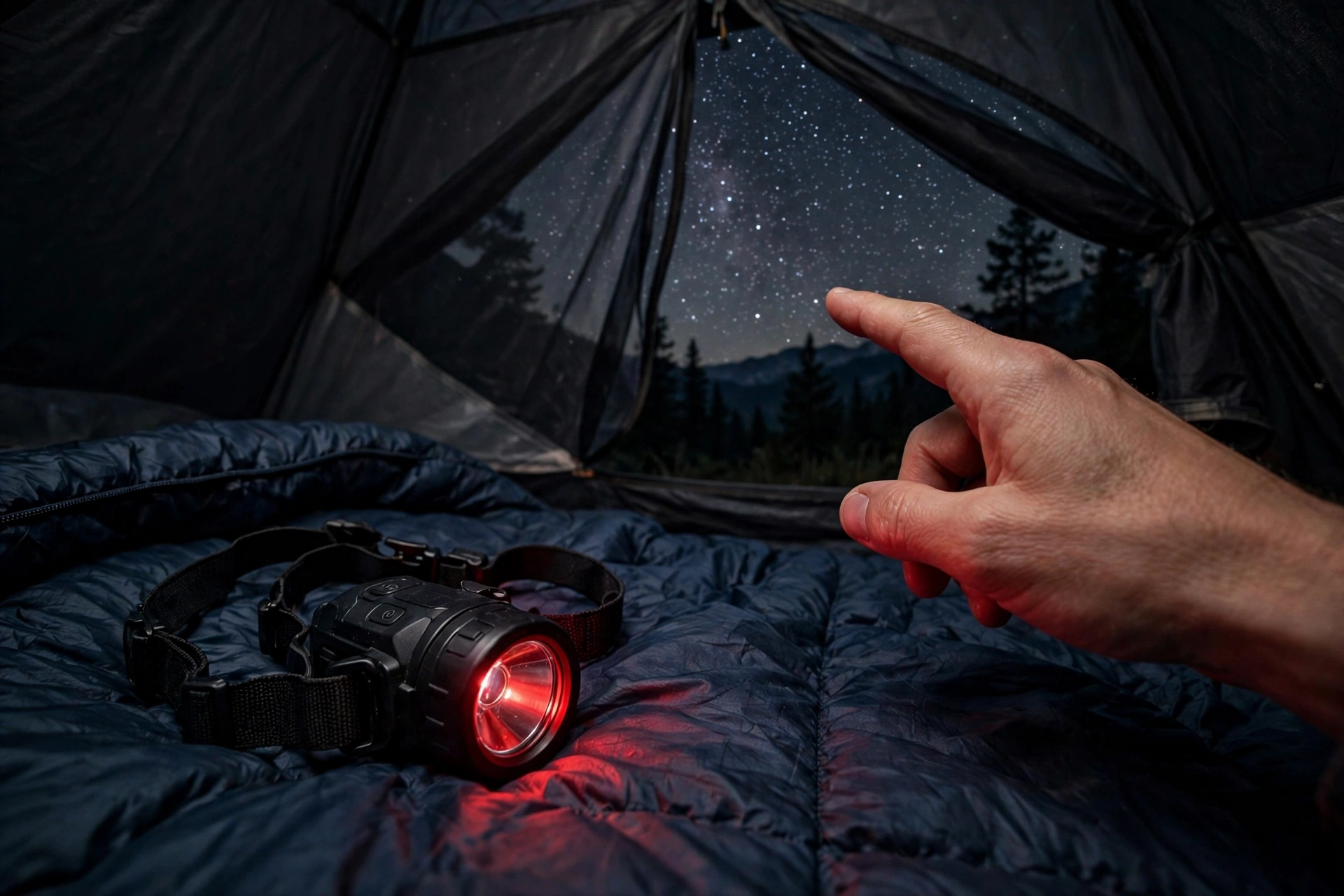 Red-lens headlamp on a sleeping bag inside a tent with the starry sky visible through the open flap