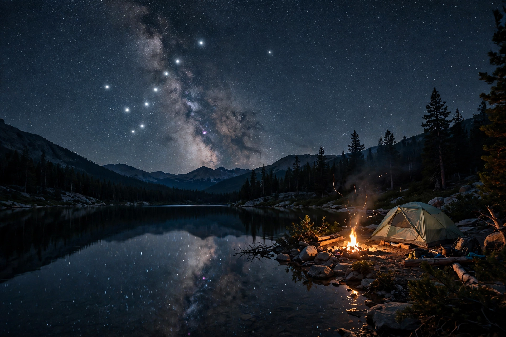 Big Dipper and Milky Way stars over a mountain lake campsite with a tent and campfire