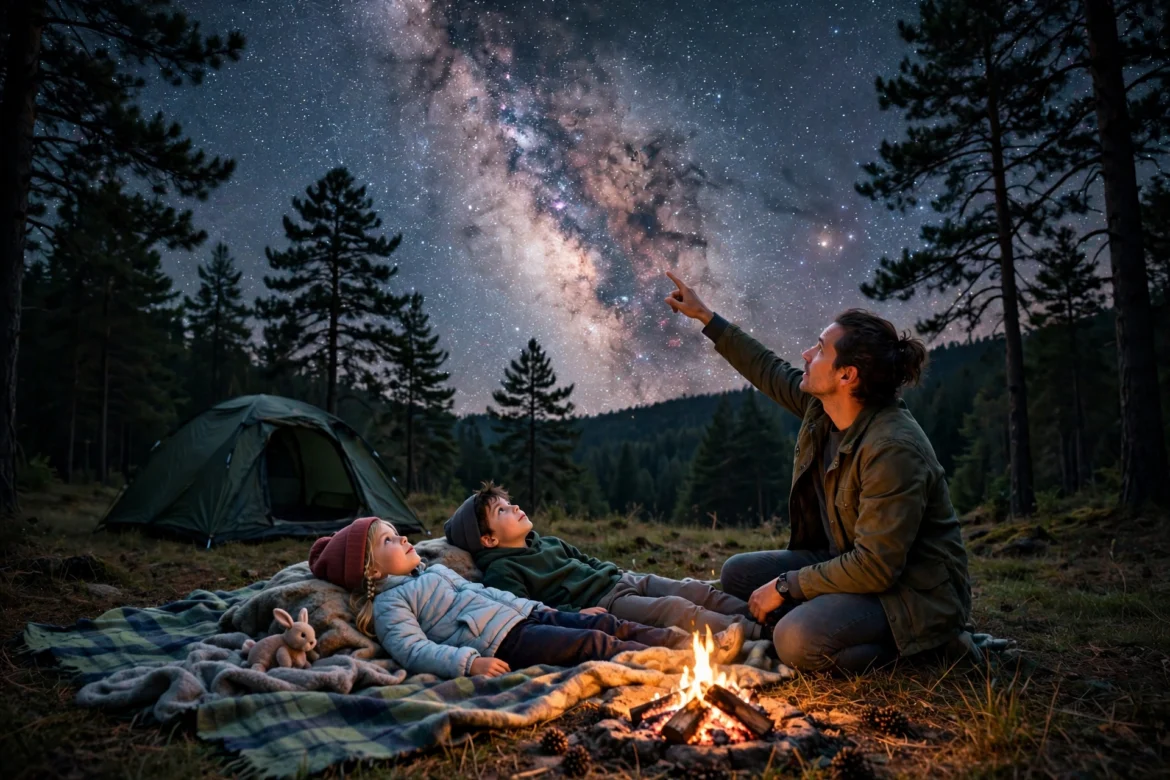 Family lying on a blanket stargazing at the Milky Way over a campsite with a tent and campfire at night