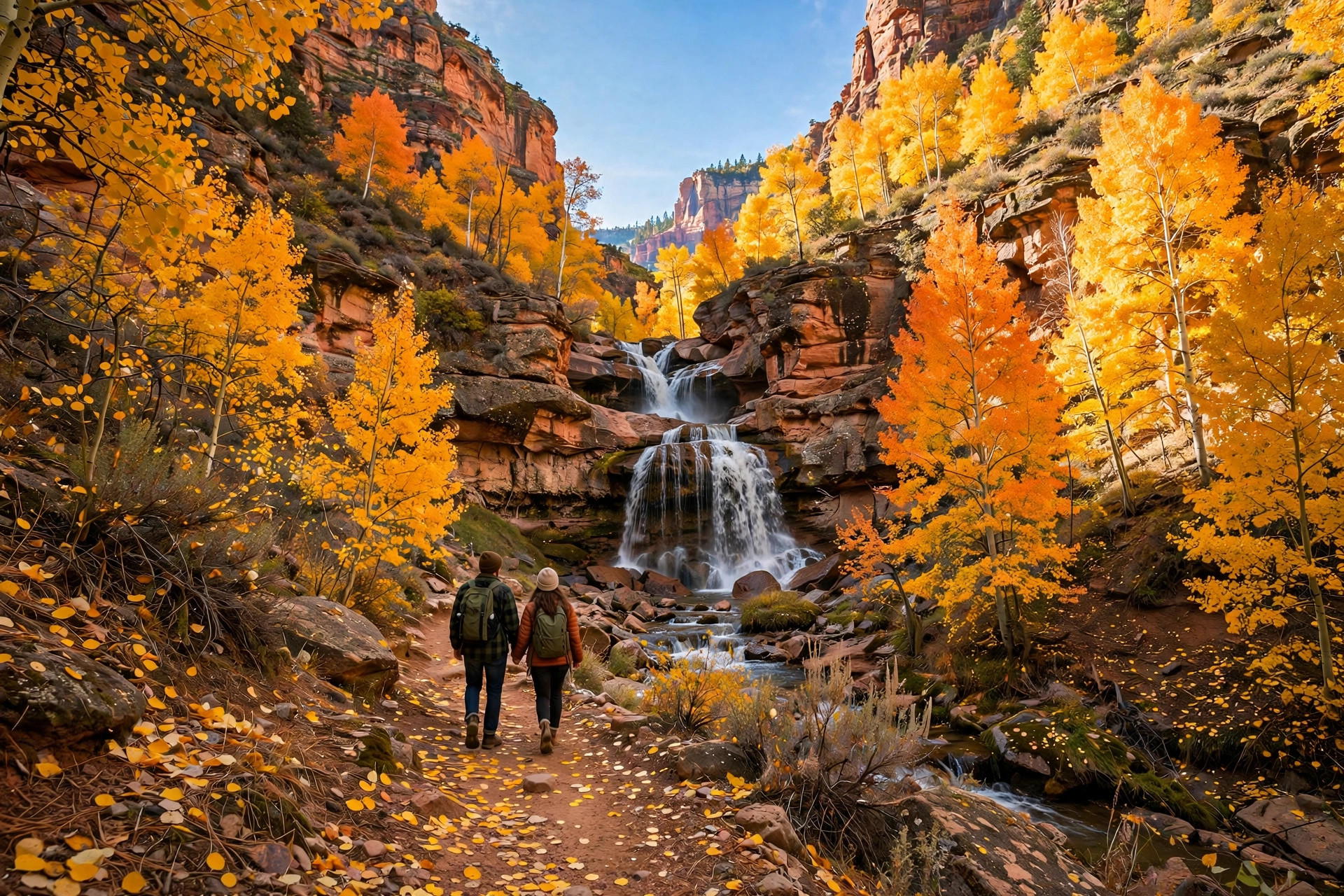 Stewart Falls Utah 11 Stewart Falls surrounded by golden aspen fall colors with hikers on the trail
