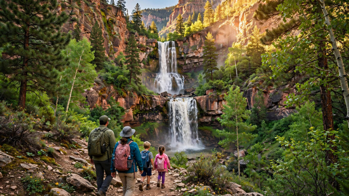 Stewart Falls Utah towering waterfall in summer with family hiking the trail