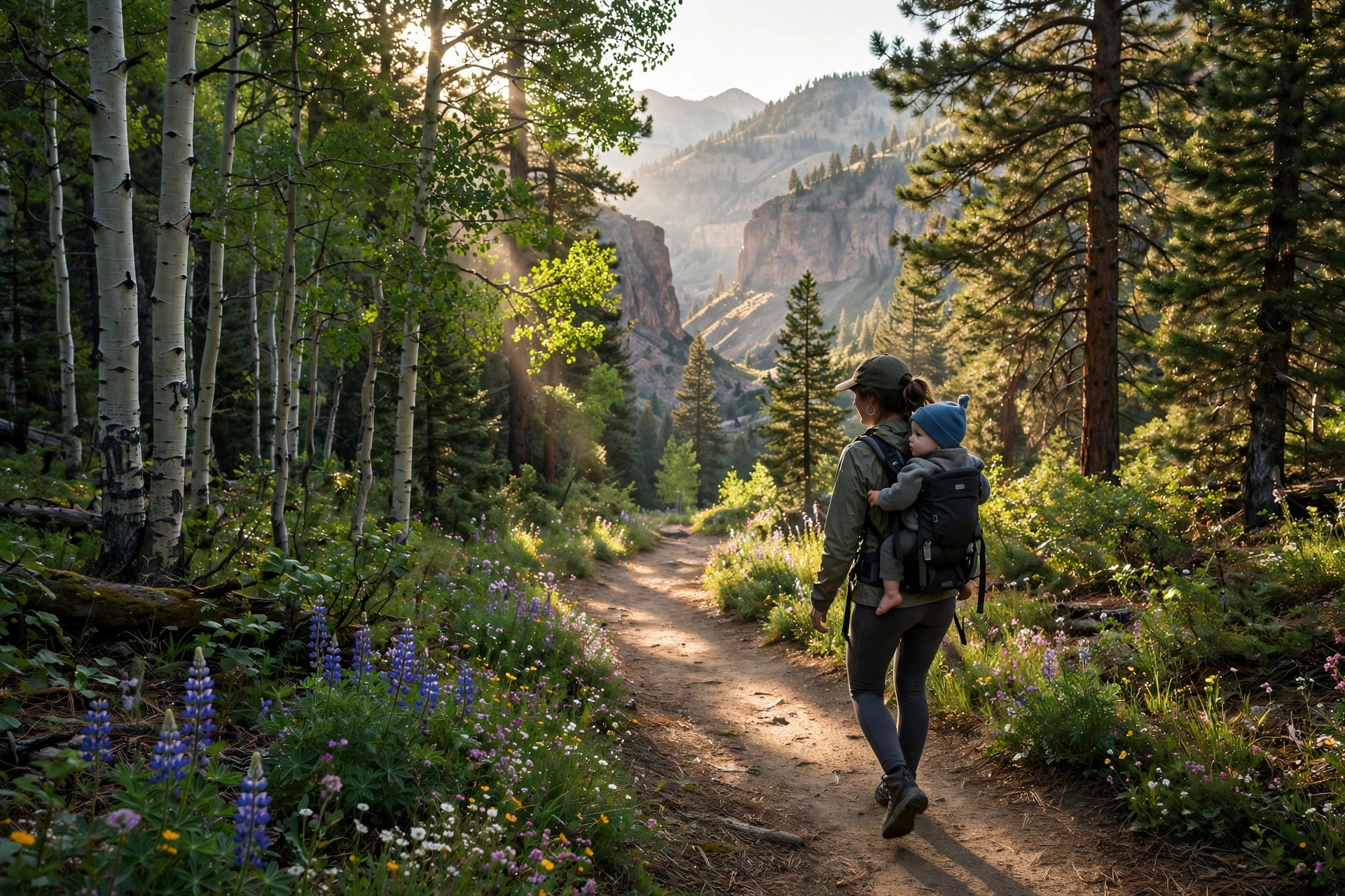 Stewart Falls Utah 10 Family hiking the shaded forest trail to Stewart Falls with wildflowers and canyon views