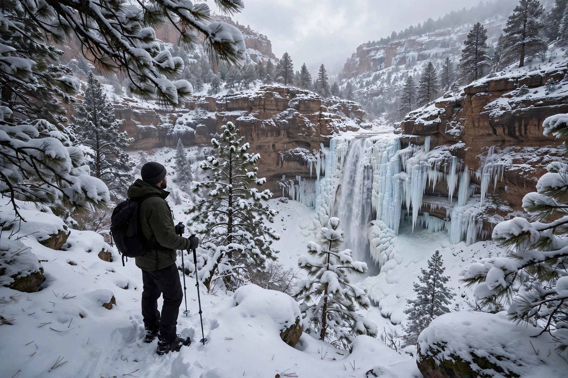 Stewart Falls Utah 12 Stewart Falls frozen in winter with snow-covered cliffs and a hiker on the snowy trail