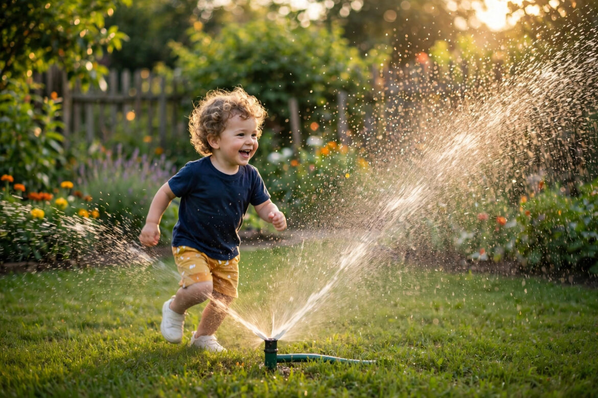 Happy toddler running through a garden sprinkler in a sunny backyard on a bright summer day