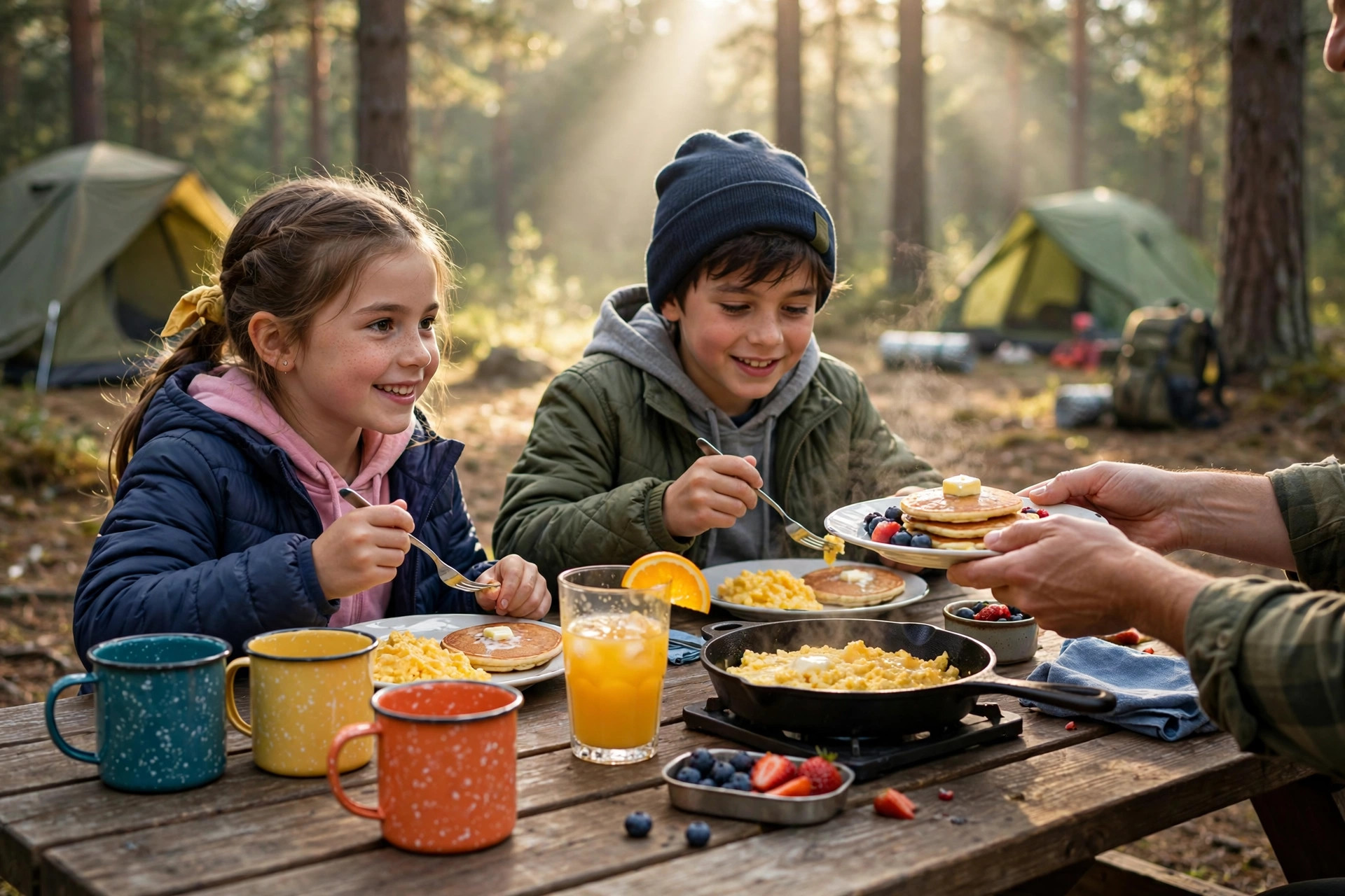 Summer Camping Meal Plan: 7 Days, No Repeats 11 Kids enjoying pancakes and scrambled eggs for breakfast at a sunny forest campsite picnic table
