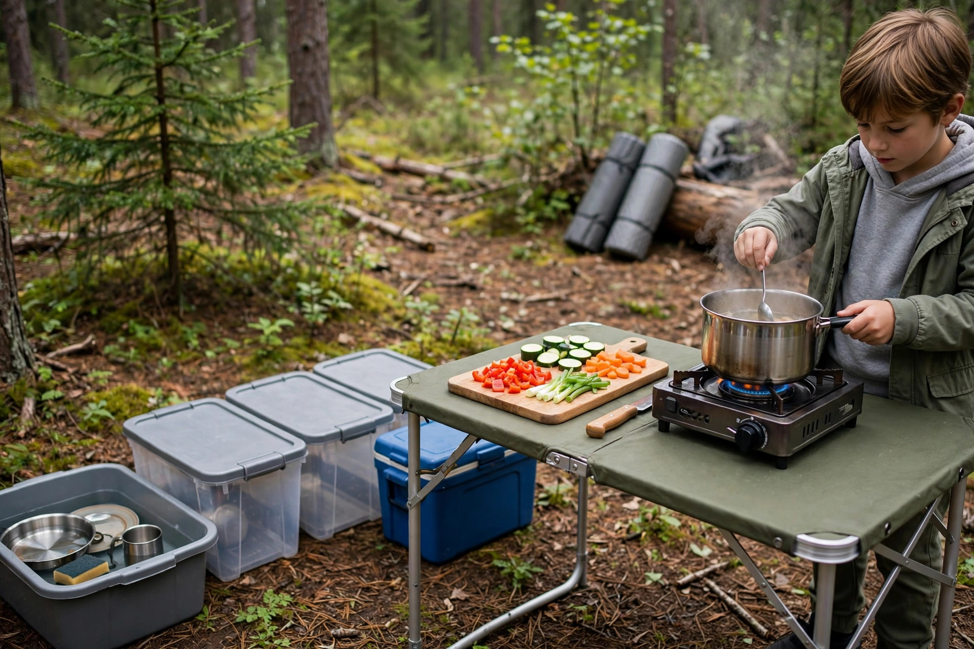 Summer Camping Meal Plan: 7 Days, No Repeats 10 Organized family camp kitchen with camping stove, prepped vegetables, and labeled food bins at a forest campsite