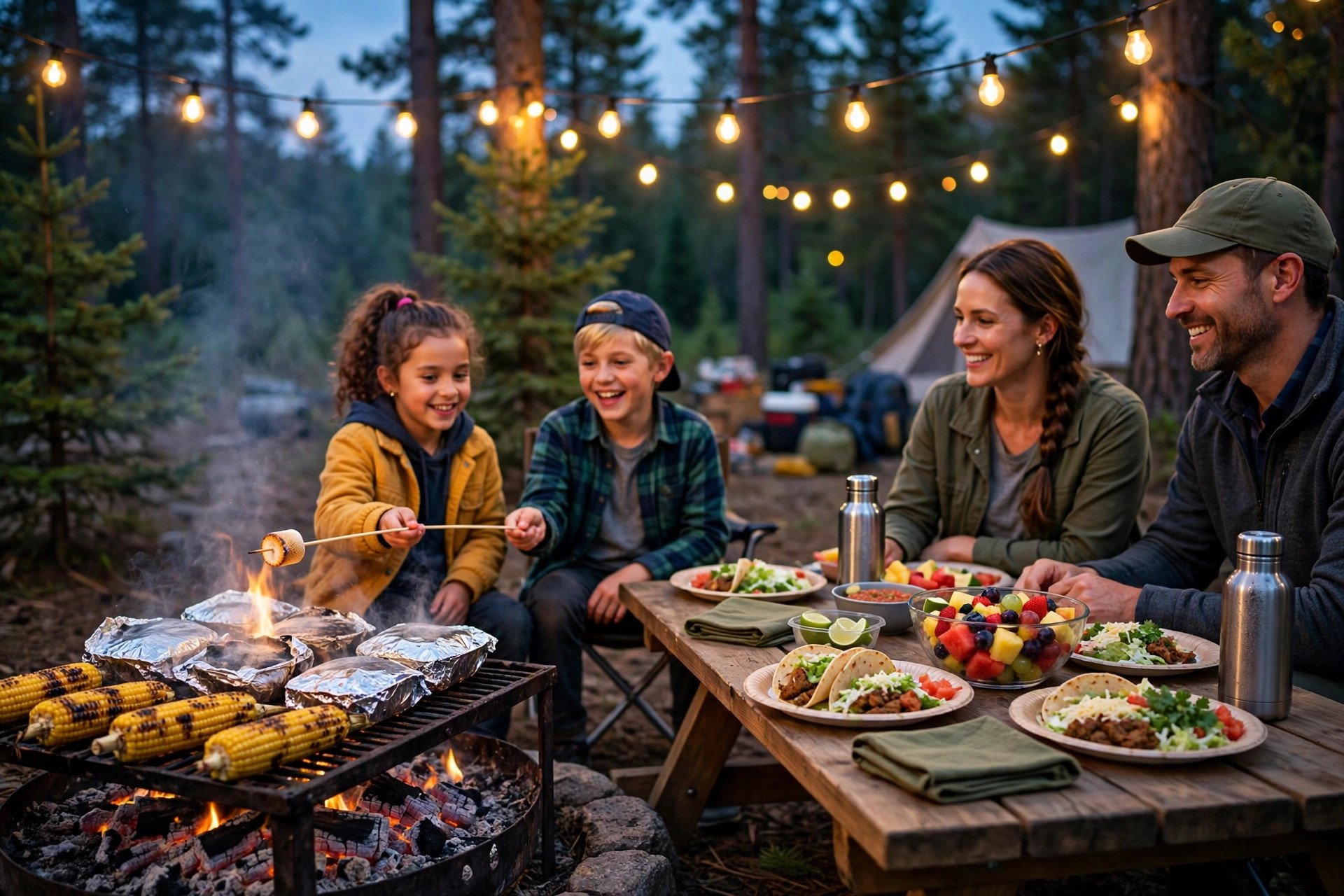 Summer Camping Meal Plan: 7 Days, No Repeats 12 Family enjoying tacos and grilled corn around a campfire at dusk with string lights at the campsite