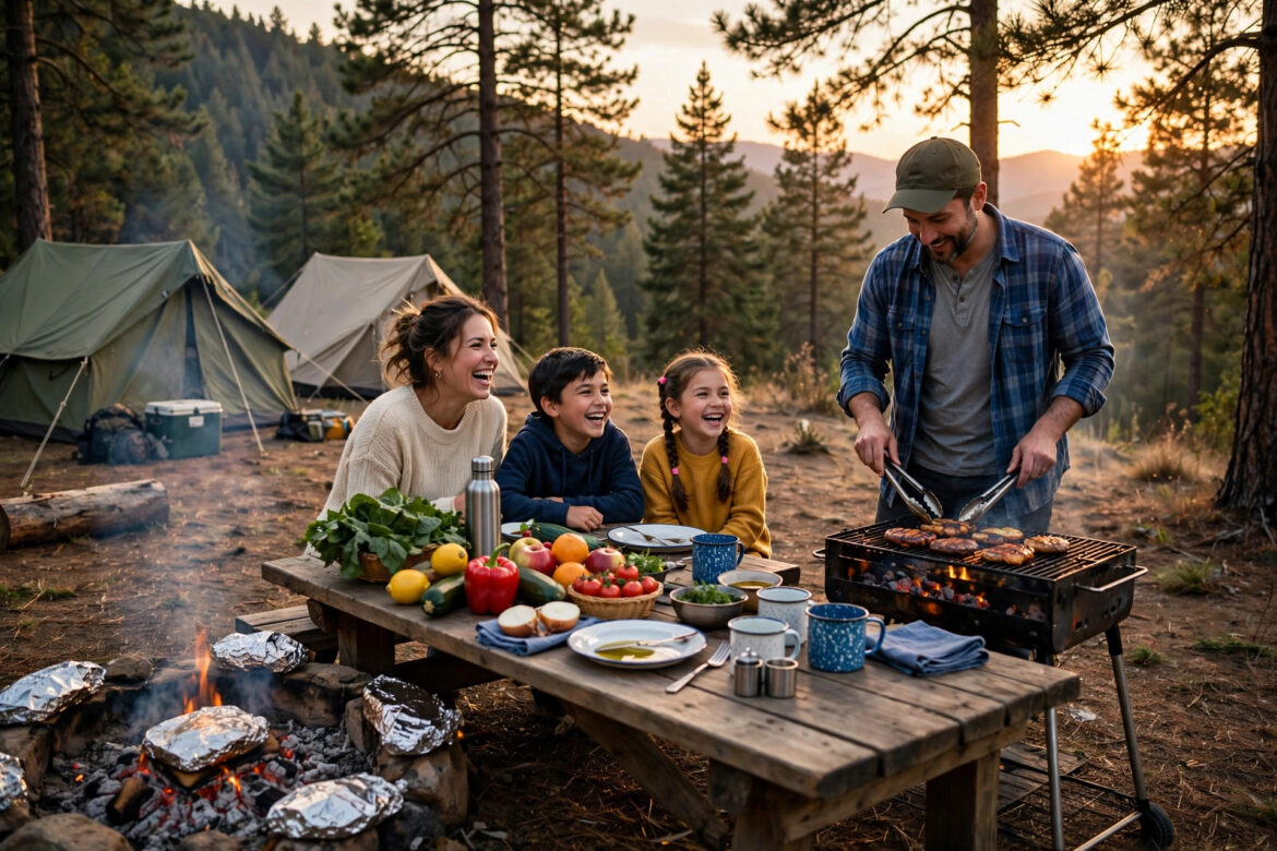 Family cooking dinner at a campsite at sunset with campfire foil packs, grill, and picnic table full of fresh food