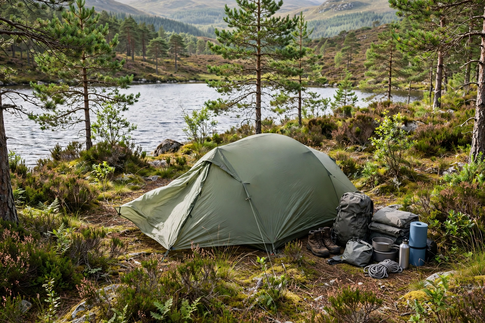 Sheltered tent campsite among pine trees with narrow end facing the wind