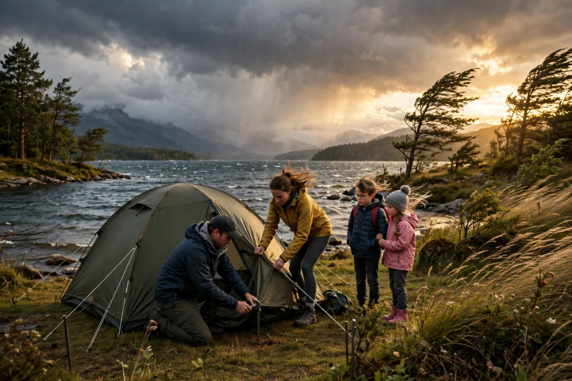 Family tent pitched securely in strong wind beside a lake