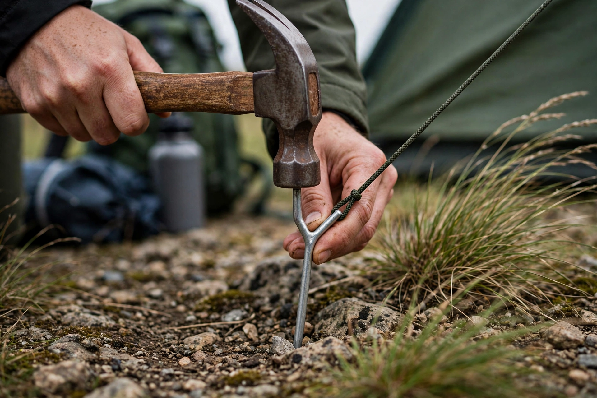 Hands hammering a tent stake with a taut guy line in wind
