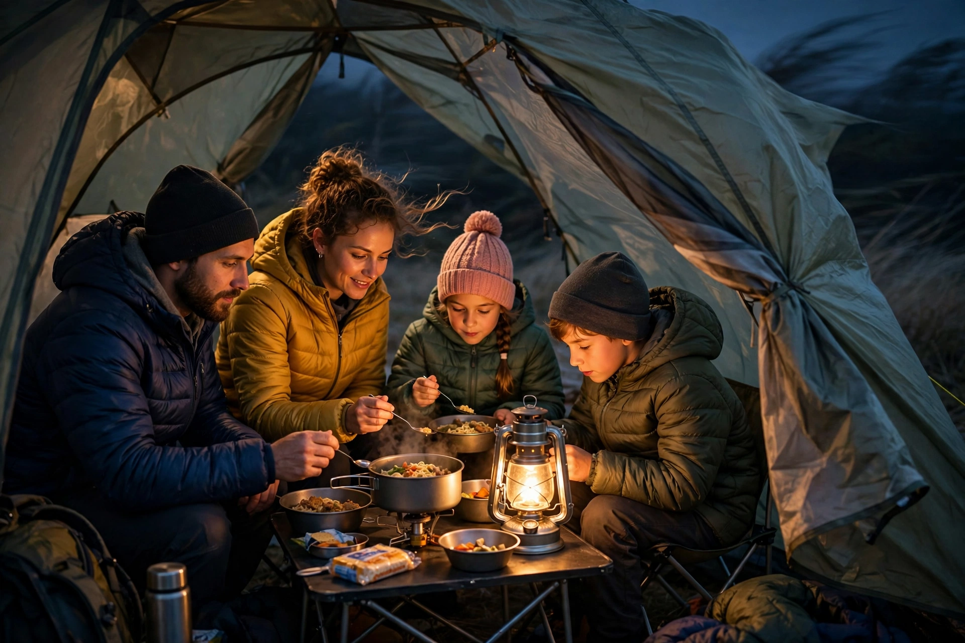 Family sharing a meal inside a tent vestibule on a windy evening