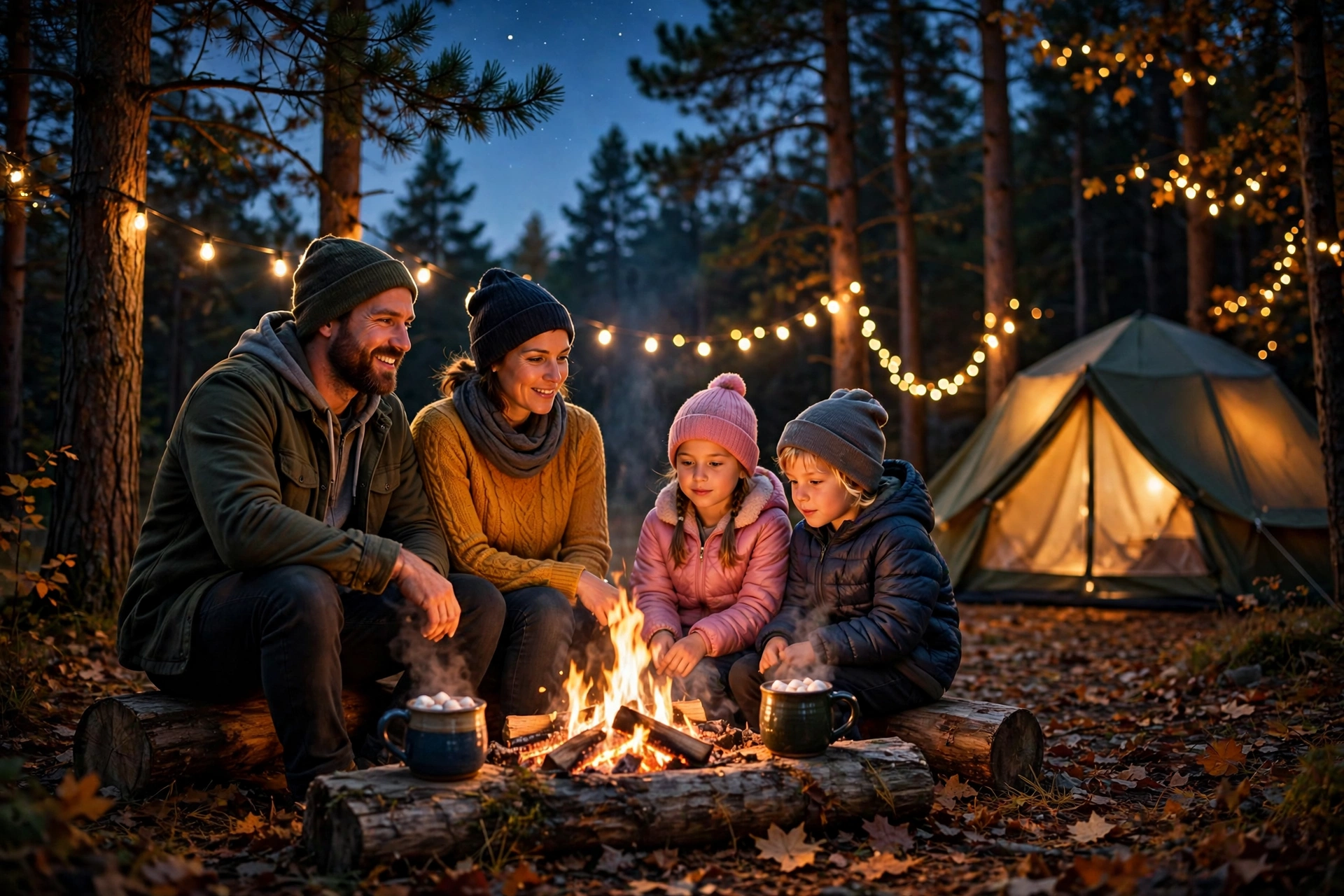 Family around a glowing campfire at dusk with string lights at an autumn campsite