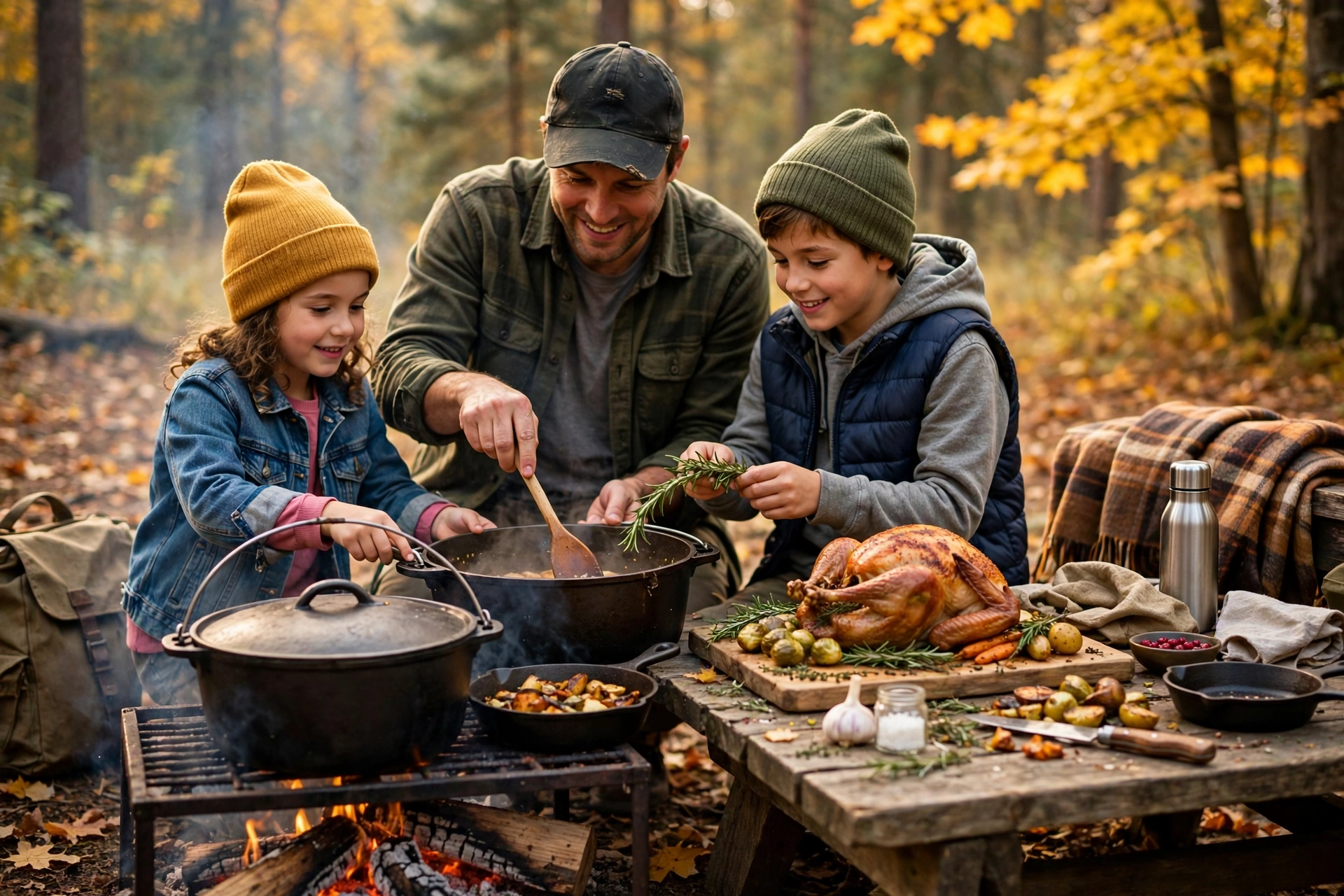 Family cooking a Thanksgiving meal in a Dutch oven over a campfire at a forest campsite