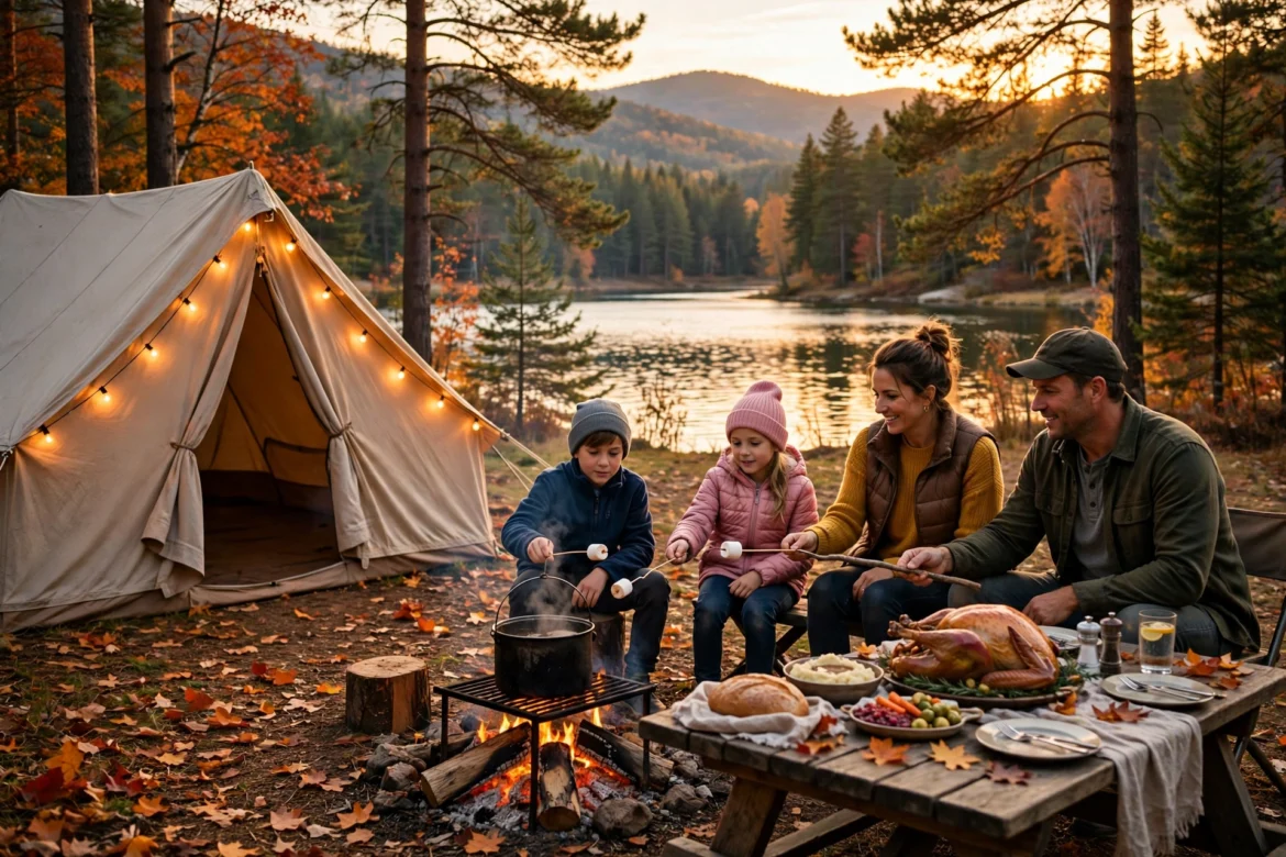 Family campsite in autumn at golden hour with tent, campfire and Thanksgiving dinner table