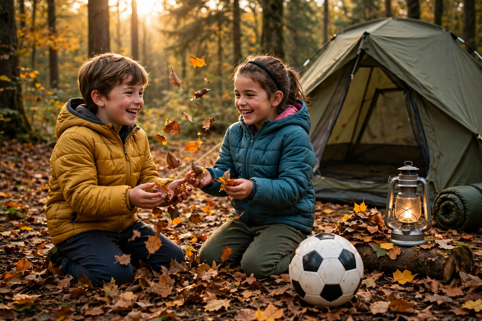 Kids playing with autumn leaves beside a family tent at a forest campsite
