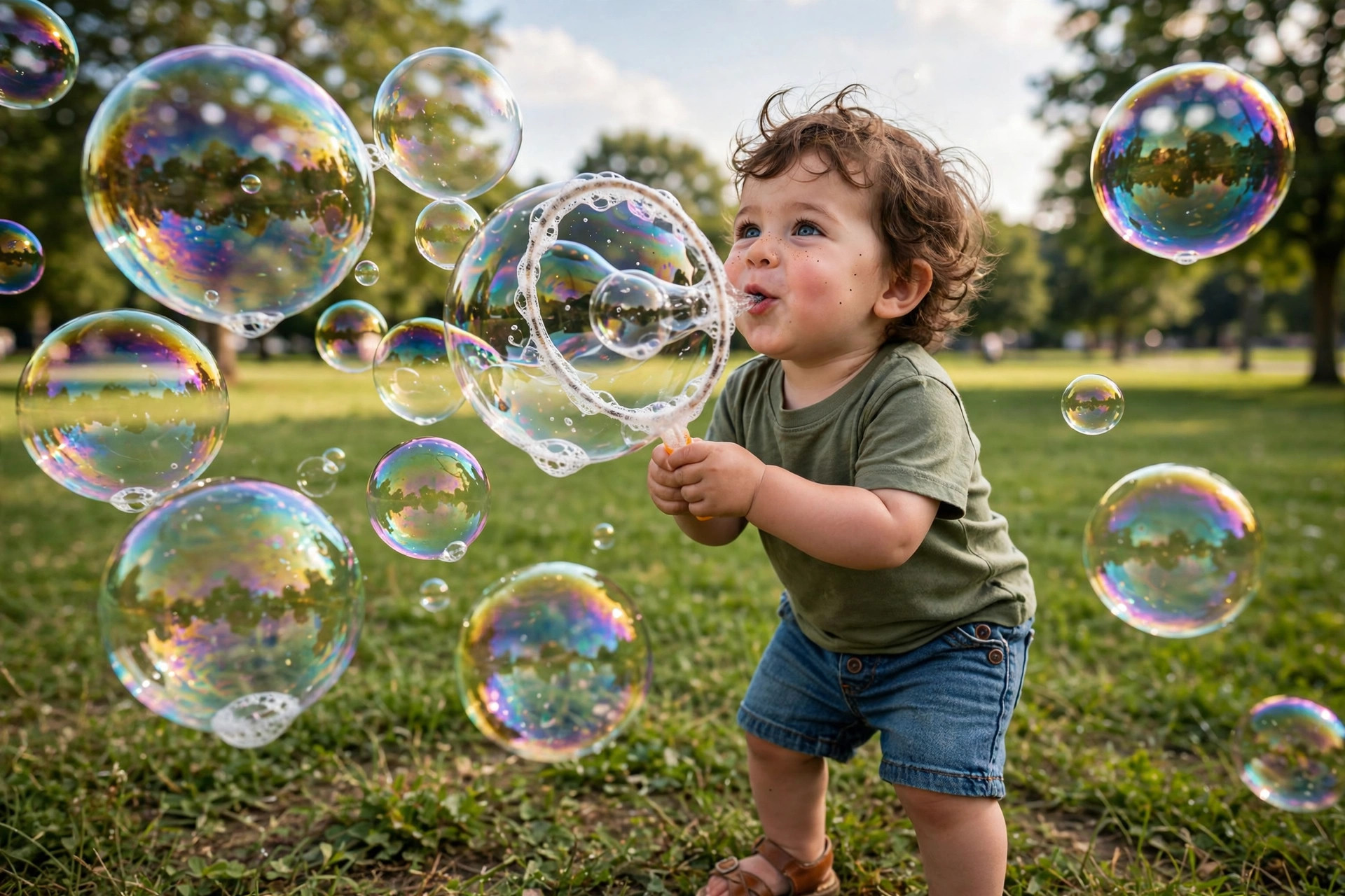 Delighted toddler blowing giant shimmering soap bubbles in a sunny summer park