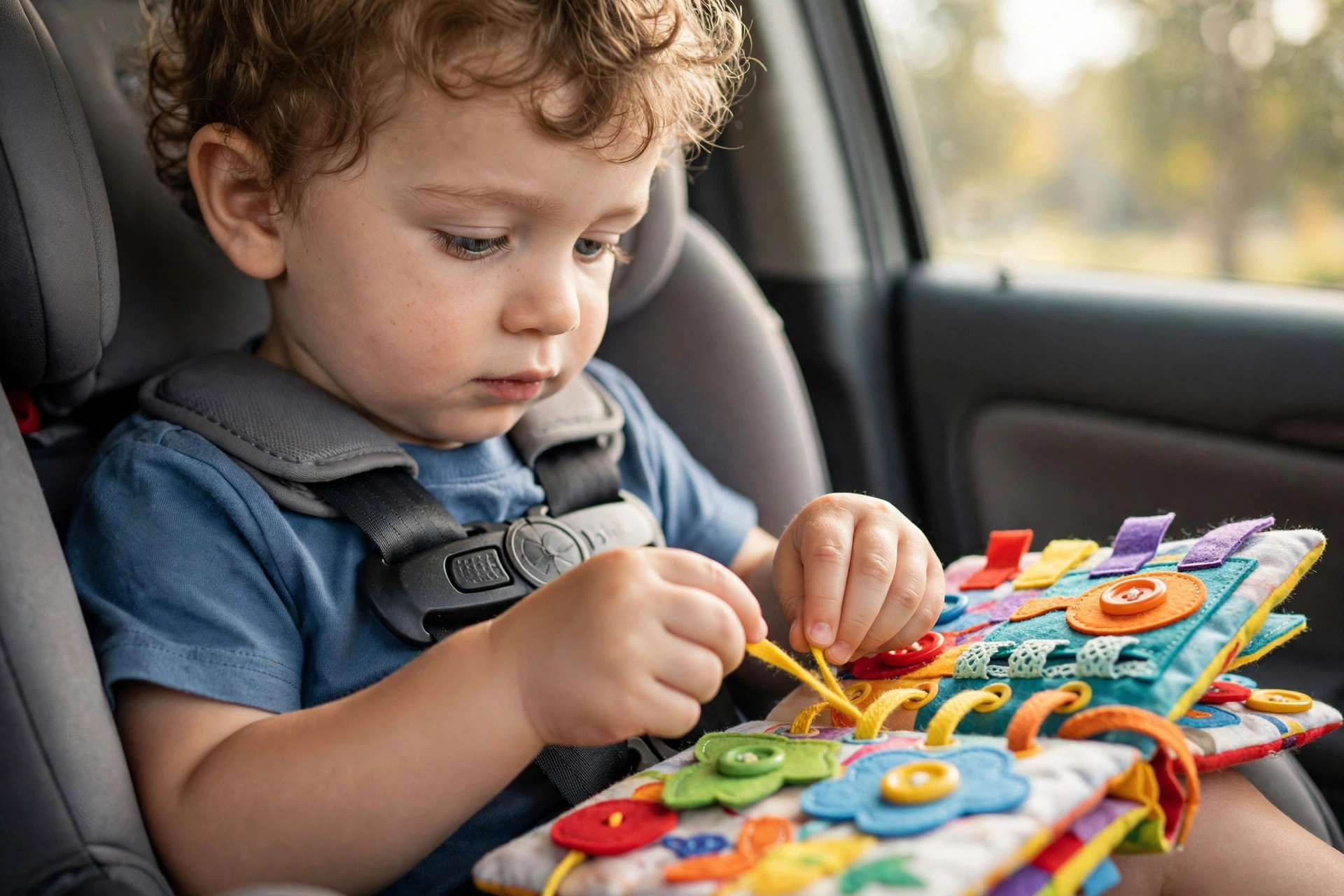 Best Travel Toys for Toddlers 11 Toddler in car seat playing with a cloth busy book during a road trip