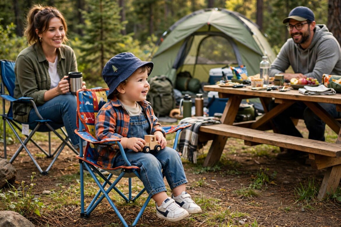 Toddler sitting safely in a small colourful camping chair at a family campsite with a tent and picnic table nearby