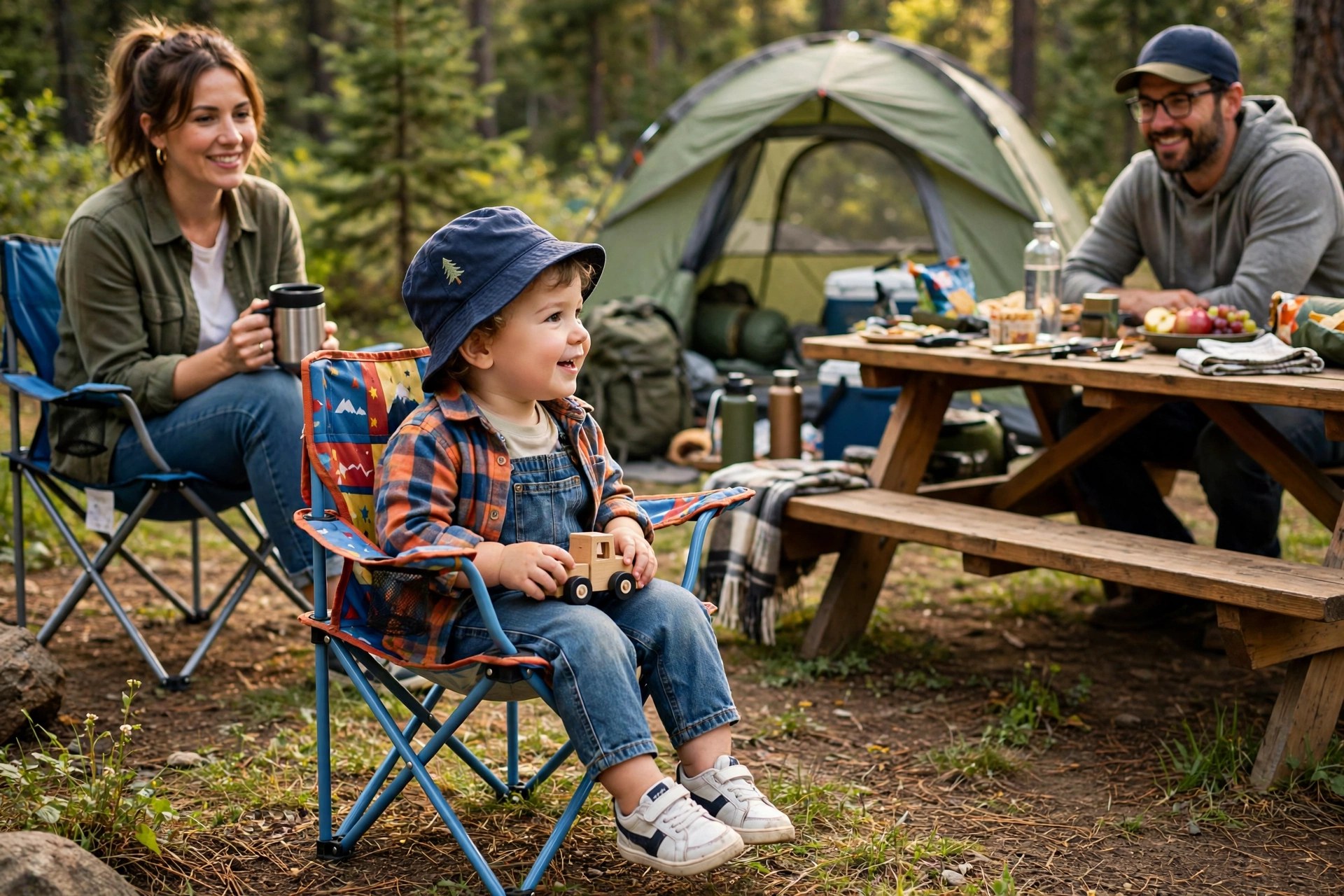 Best Toddler Camping Chairs: Safe Seats for Little Campers 10 Toddler sitting safely in a small colourful camping chair at a family campsite with a tent and picnic table nearby