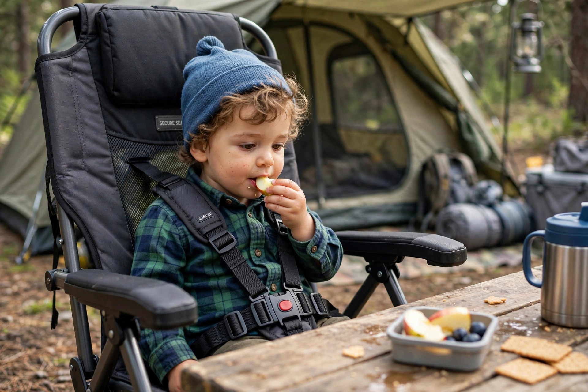 Best Toddler Camping Chairs: Safe Seats for Little Campers 11 Toddler in a secure high-back camping chair eating a snack at a campsite picnic table
