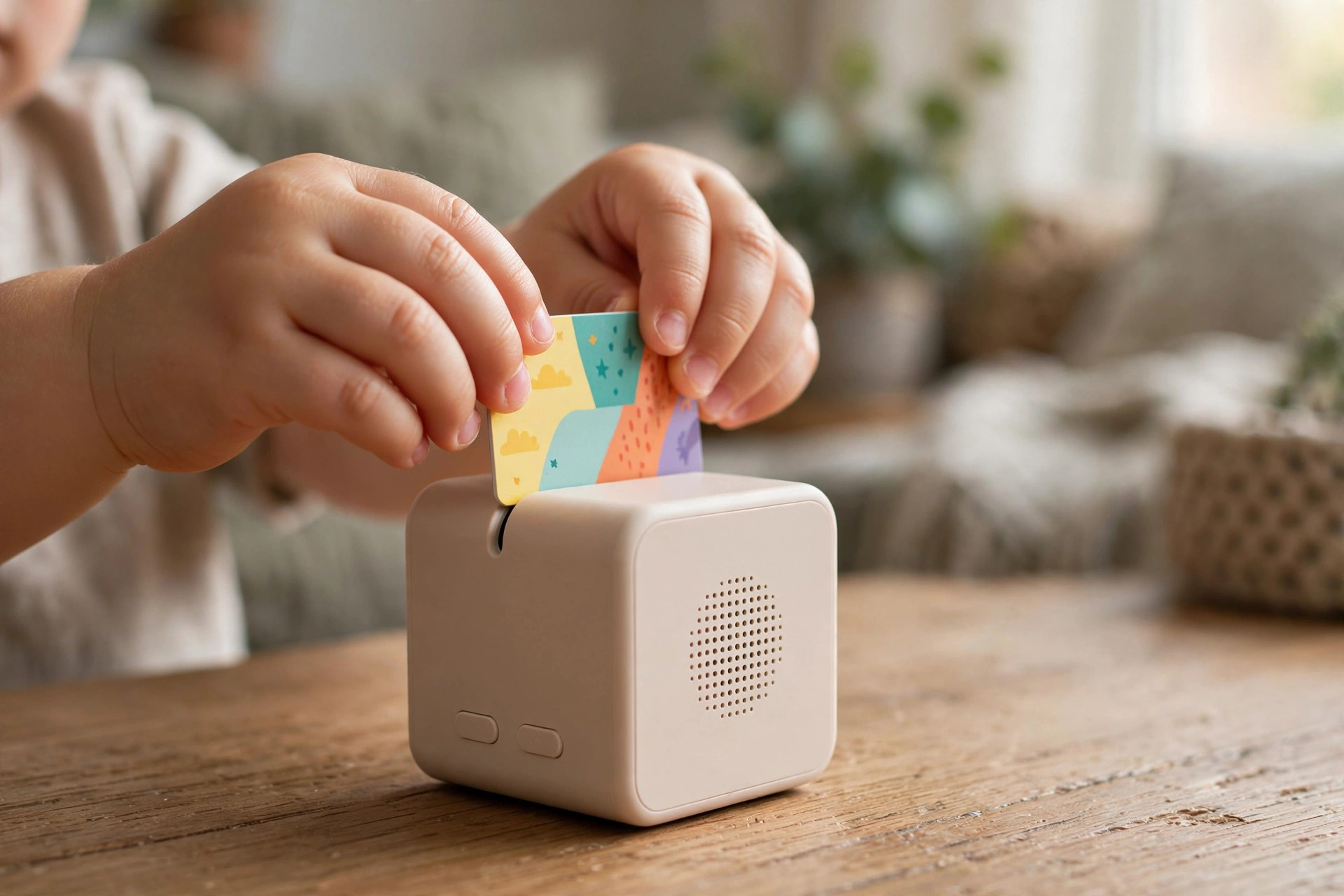 Best YOTO Cards for Toddlers 11 Toddler's hands inserting a colorful Yoto card into the audio player