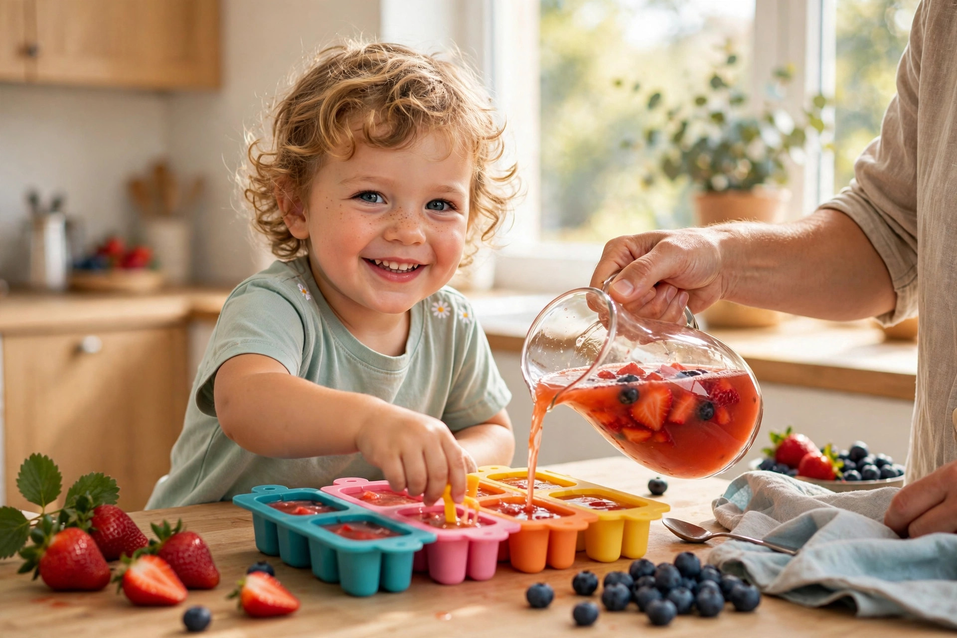 Toddler helping make homemade fruit popsicles in a bright summer kitchen
