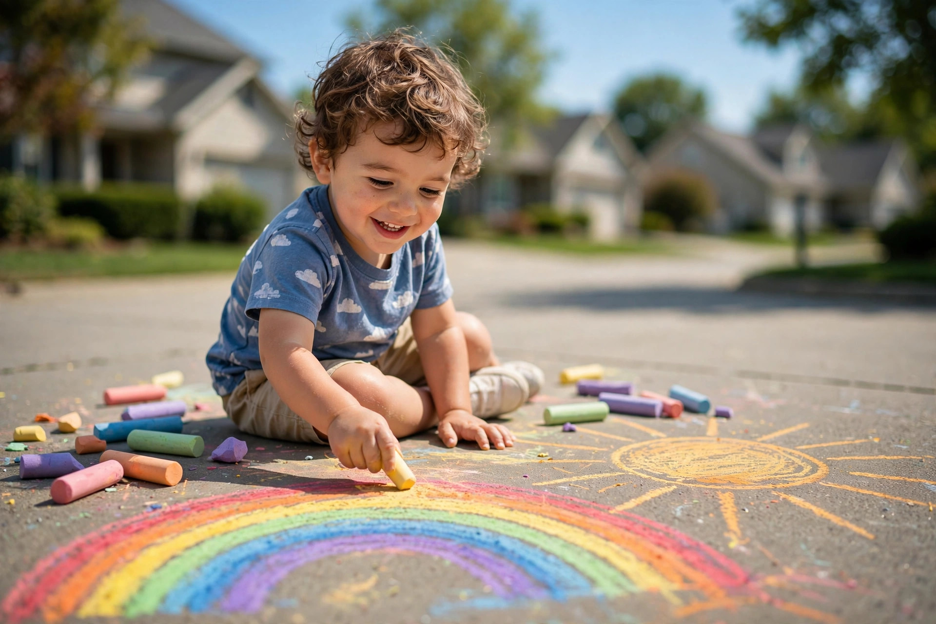 Happy toddler drawing with colorful sidewalk chalk on a driveway in summer