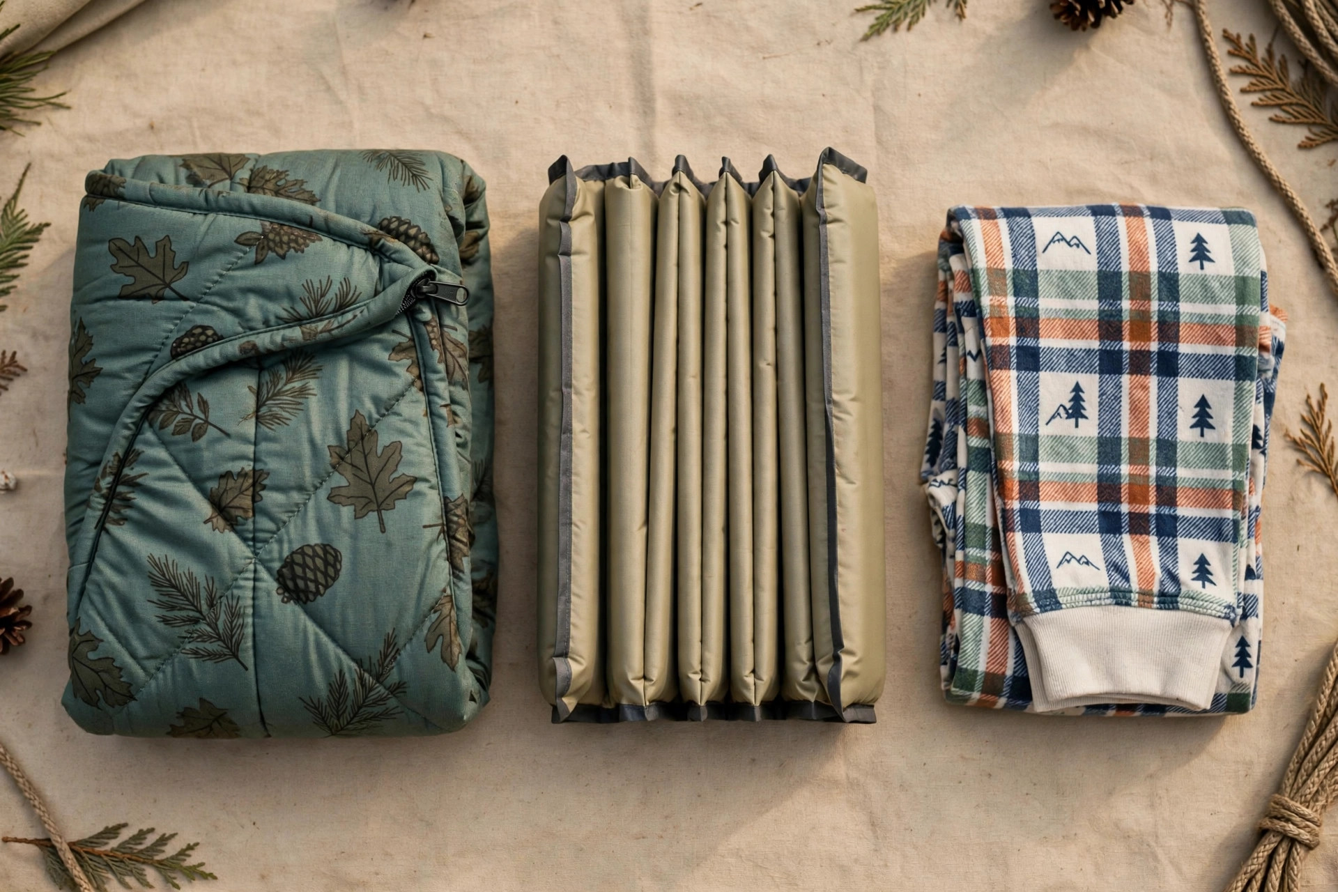 What Do Toddlers Sleep In When Camping? Complete Sleep Guide 11 Folded toddler camping sleep gear laid out neatly, including a sleep sack, sleeping pad, and pajamas