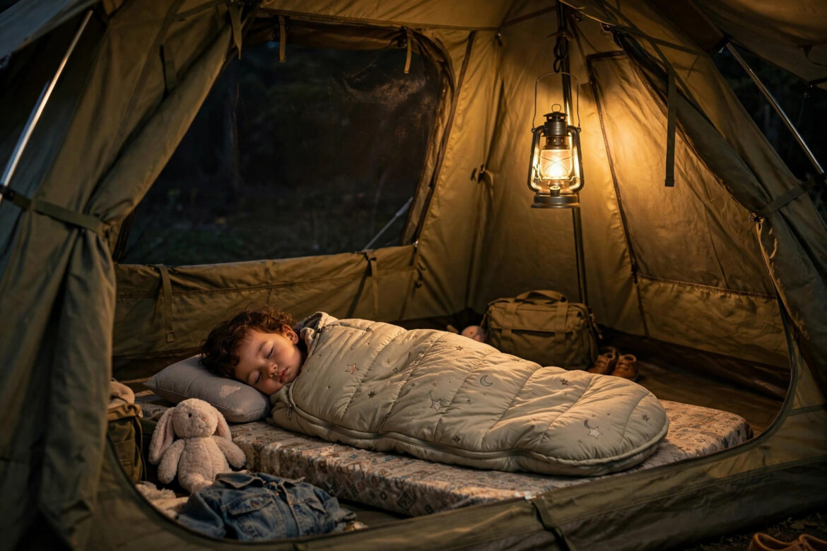 Toddler sleeping peacefully in a sleep sack on a small mattress inside a family tent at night, lit by warm lantern light