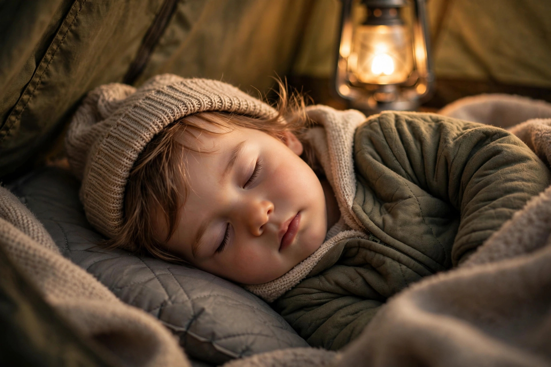 Toddler in a warm sleep suit sleeping peacefully inside a tent on a sleeping pad