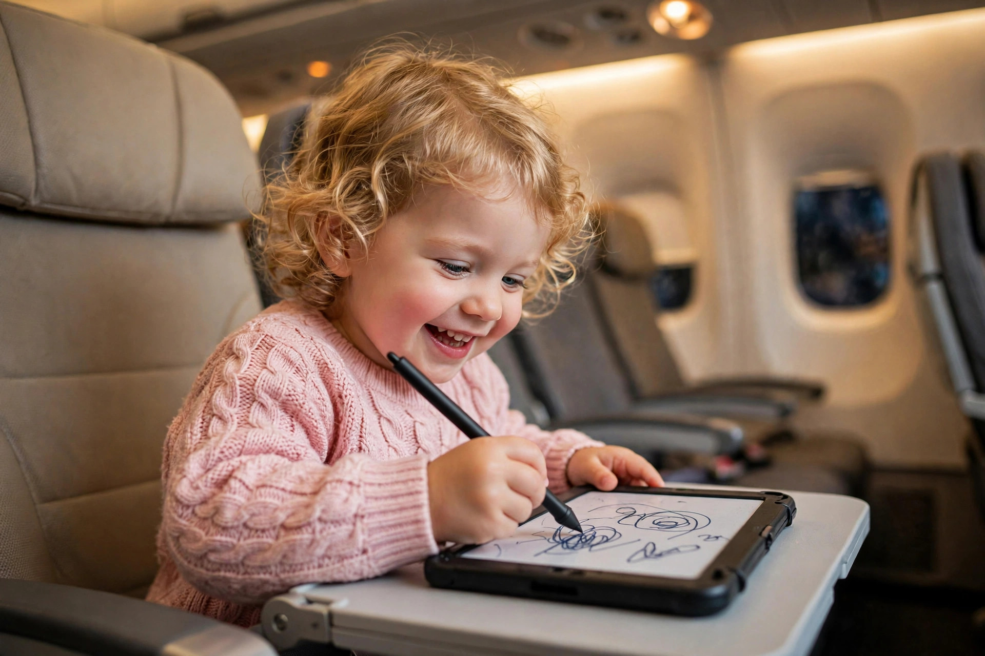 Best Travel Toys for Toddlers 12 Toddler drawing on a travel doodle board tablet on an airplane