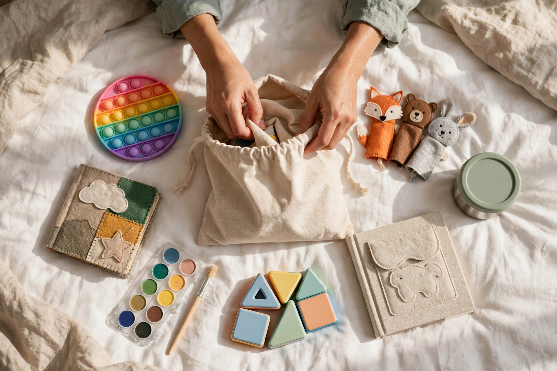Best Travel Toys for Toddlers 13 Parent packing a toddler travel toy kit with quiet activities and snacks