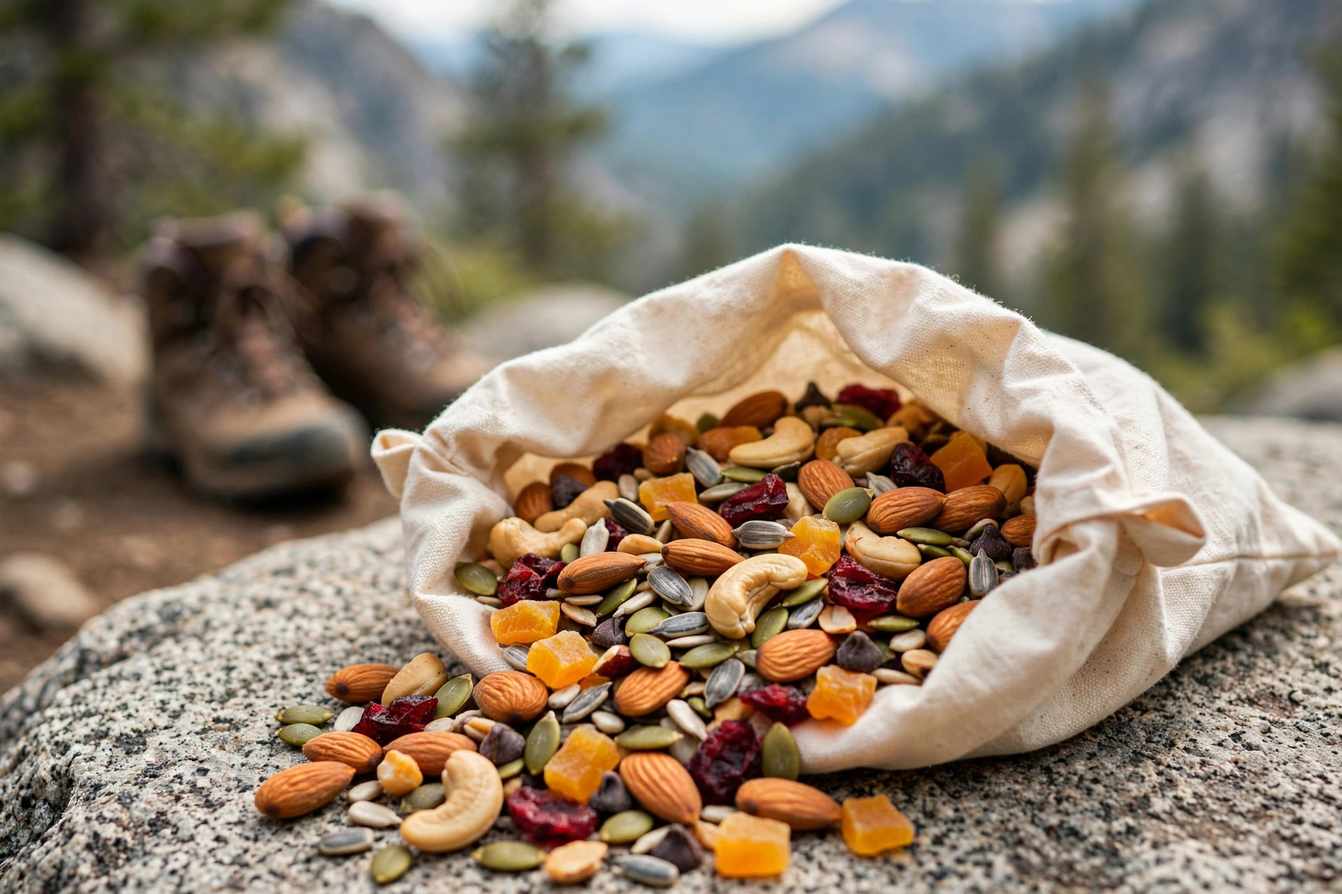 Best Healthy Camping Snacks 12 Homemade healthy trail mix with nuts, seeds, dried fruit, and dark chocolate chips in a reusable pouch on a rock during a hike
