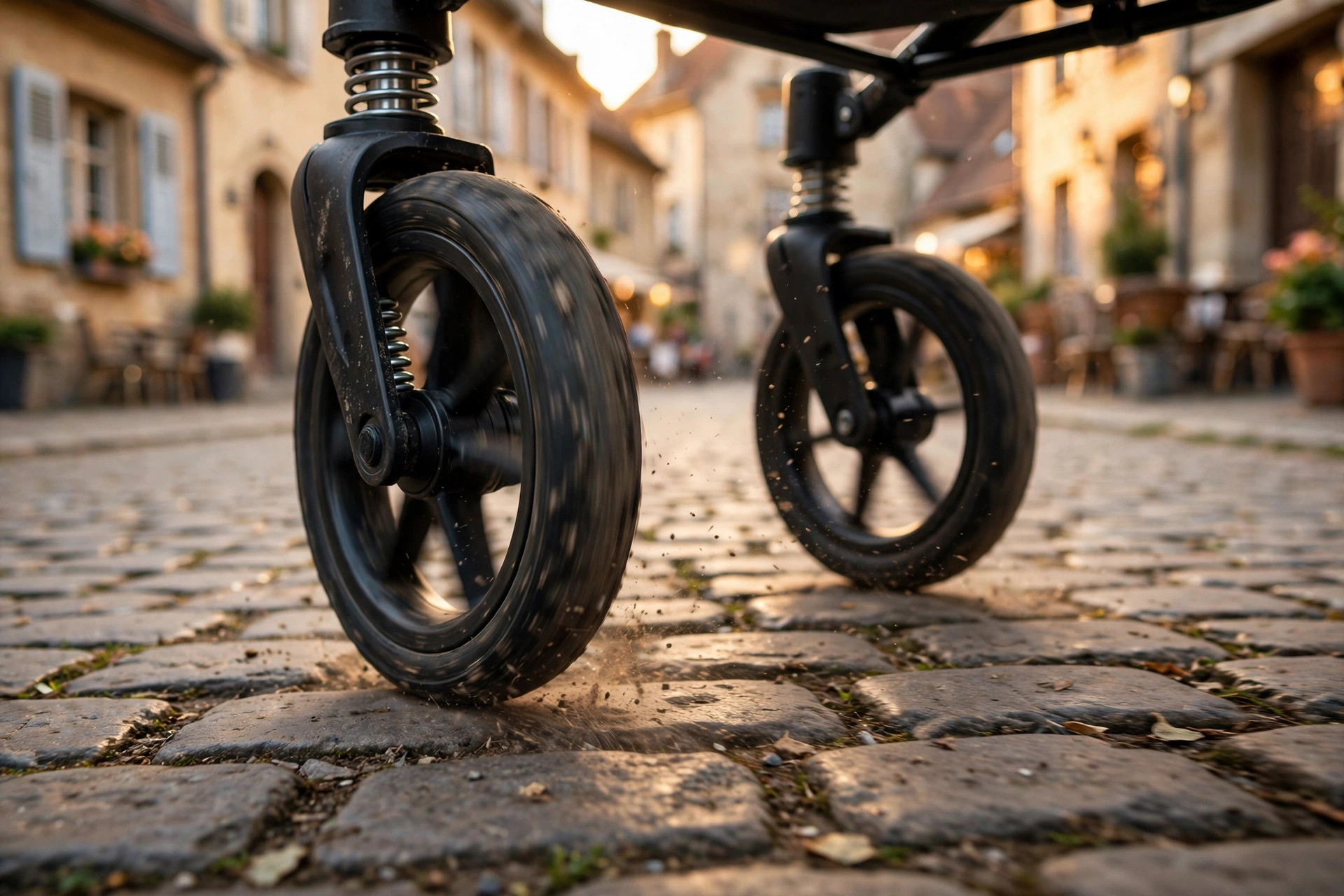 Best Travel Stroller for Two Kids 12 Stroller wheels rolling over European cobblestones in an old town