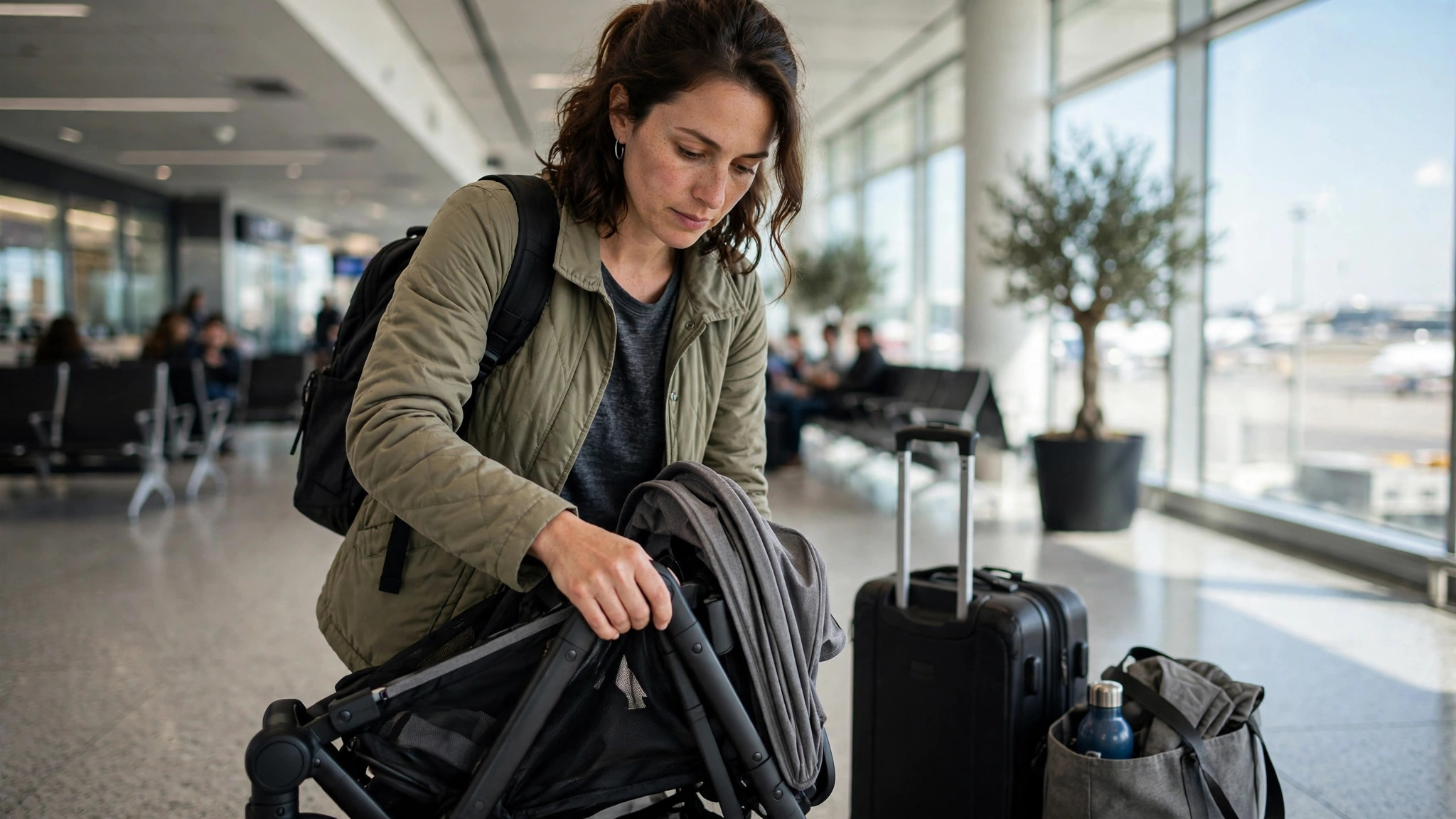 Best Travel Stroller for Two Kids 11 Parent folding a compact travel stroller with one hand at an airport terminal