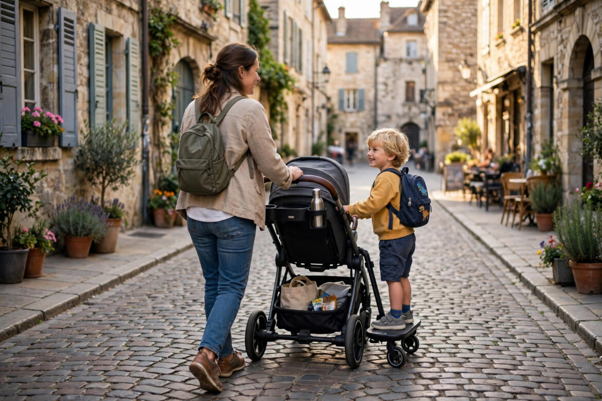 Parent pushing a compact travel stroller with toddler on rider board on a cobblestone European street