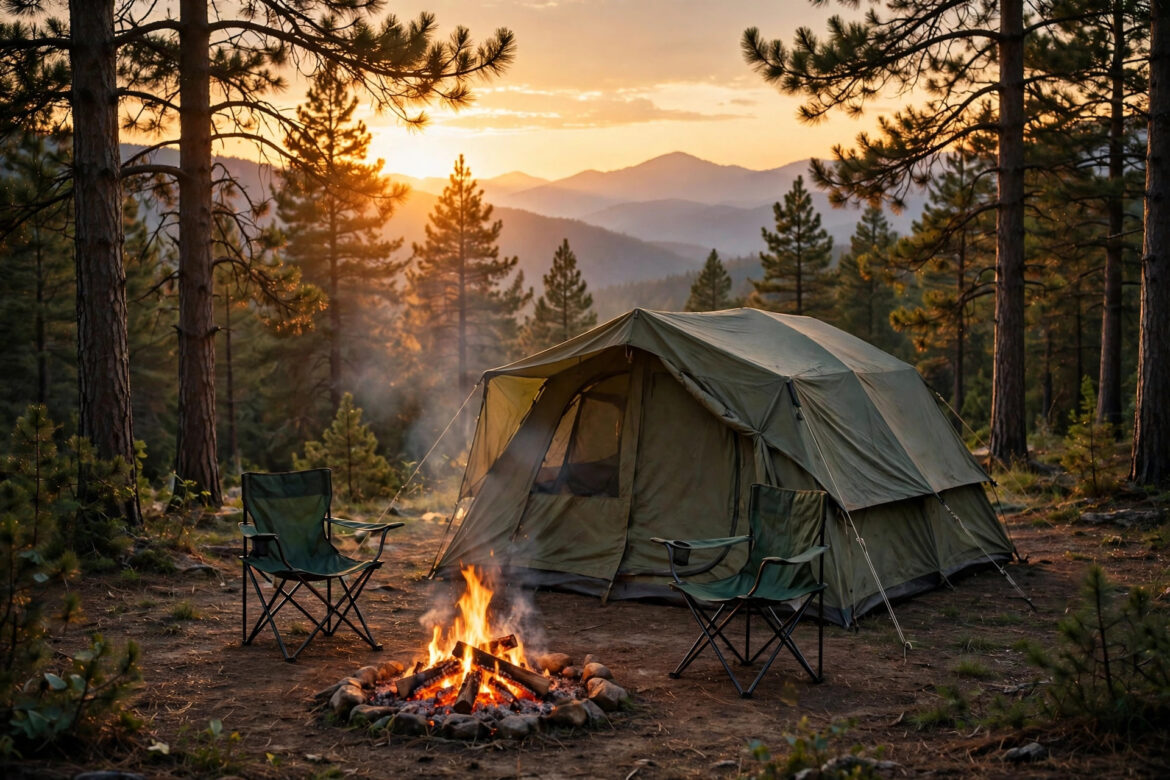 Family campsite with tent and campfire at golden hour — ultimate camping checklist essentials