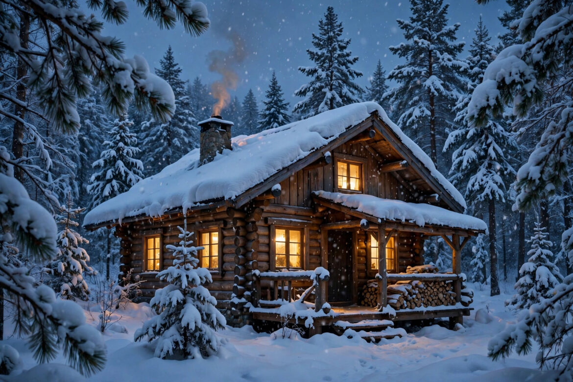 Snow-covered wooden cabin glowing warm at dusk with snow-laden pine trees
