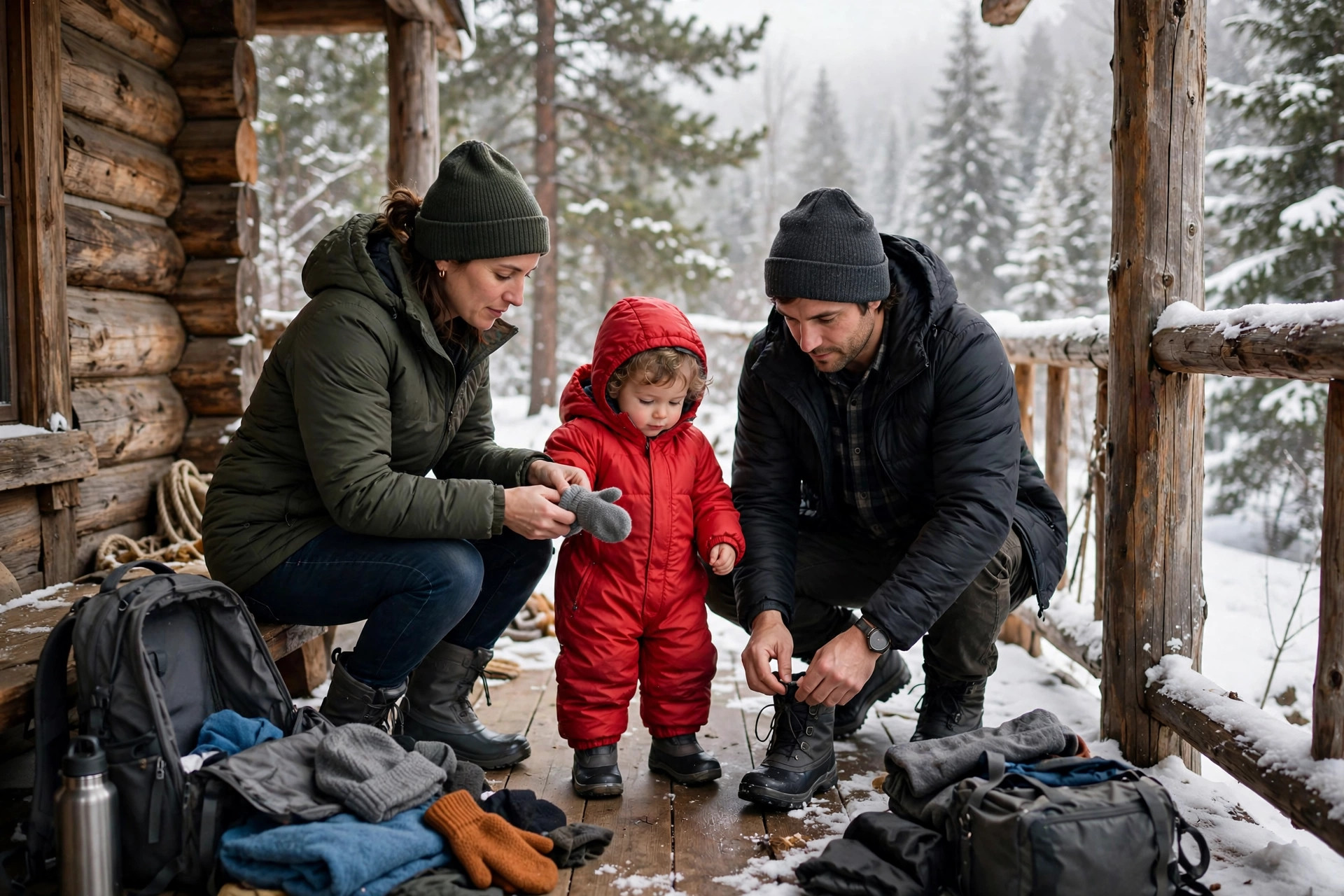 Parents dressing a toddler in a winter snowsuit on a snowy cabin porch