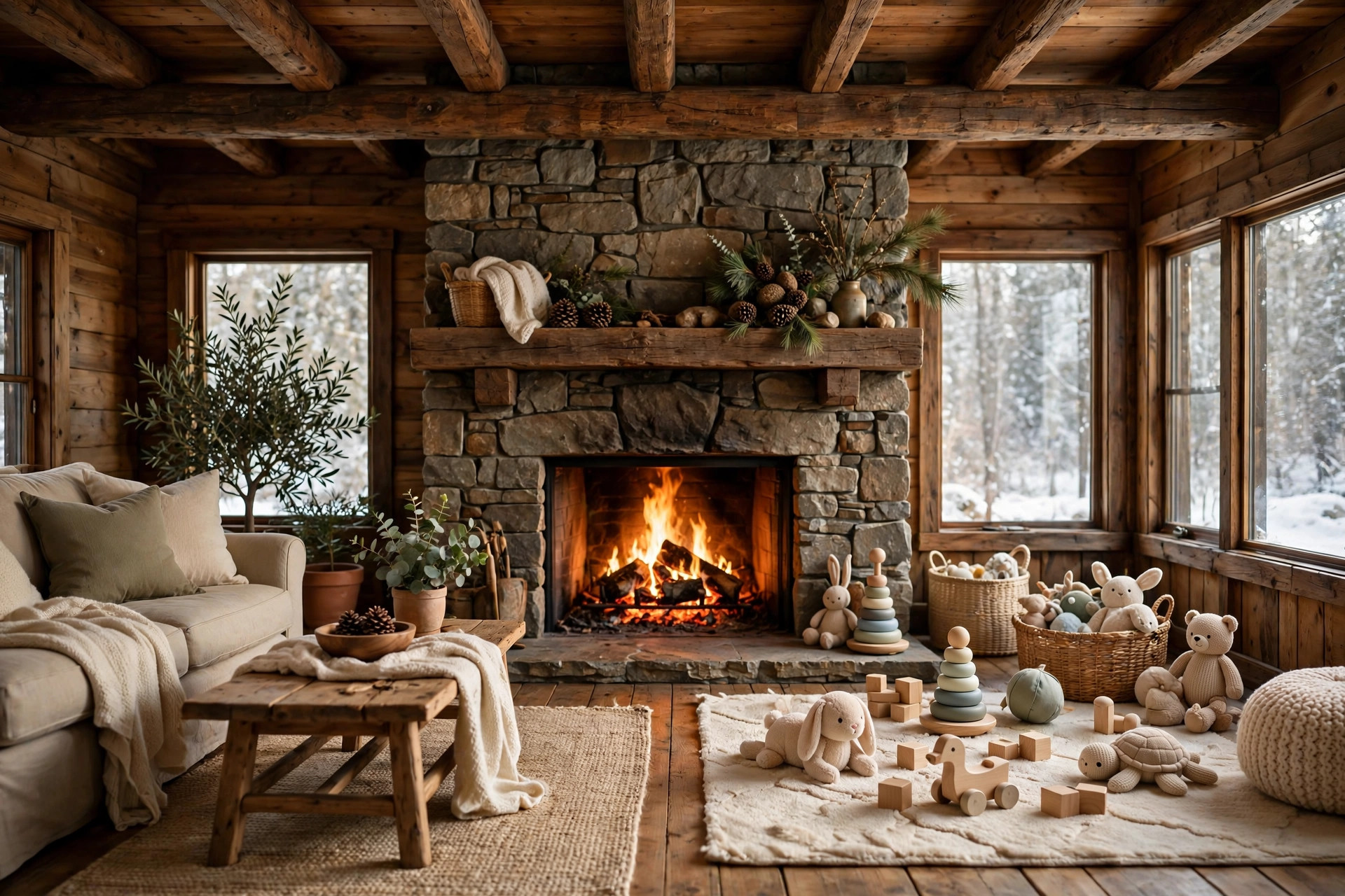 Cozy cabin living room with stone fireplace and toddler-safe play area
